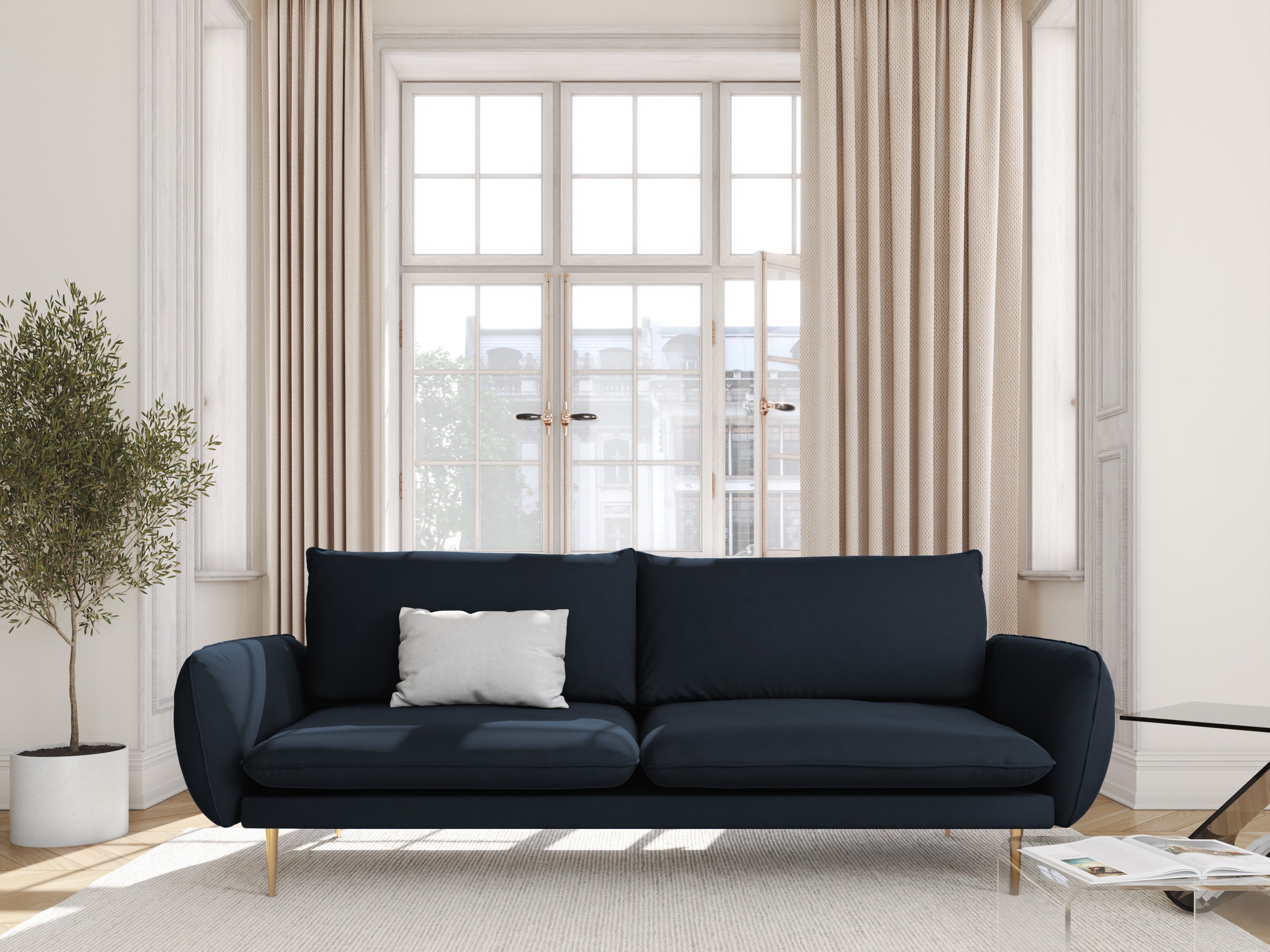 Velvet sofa 3-seater VIENNA dark blue with gold base