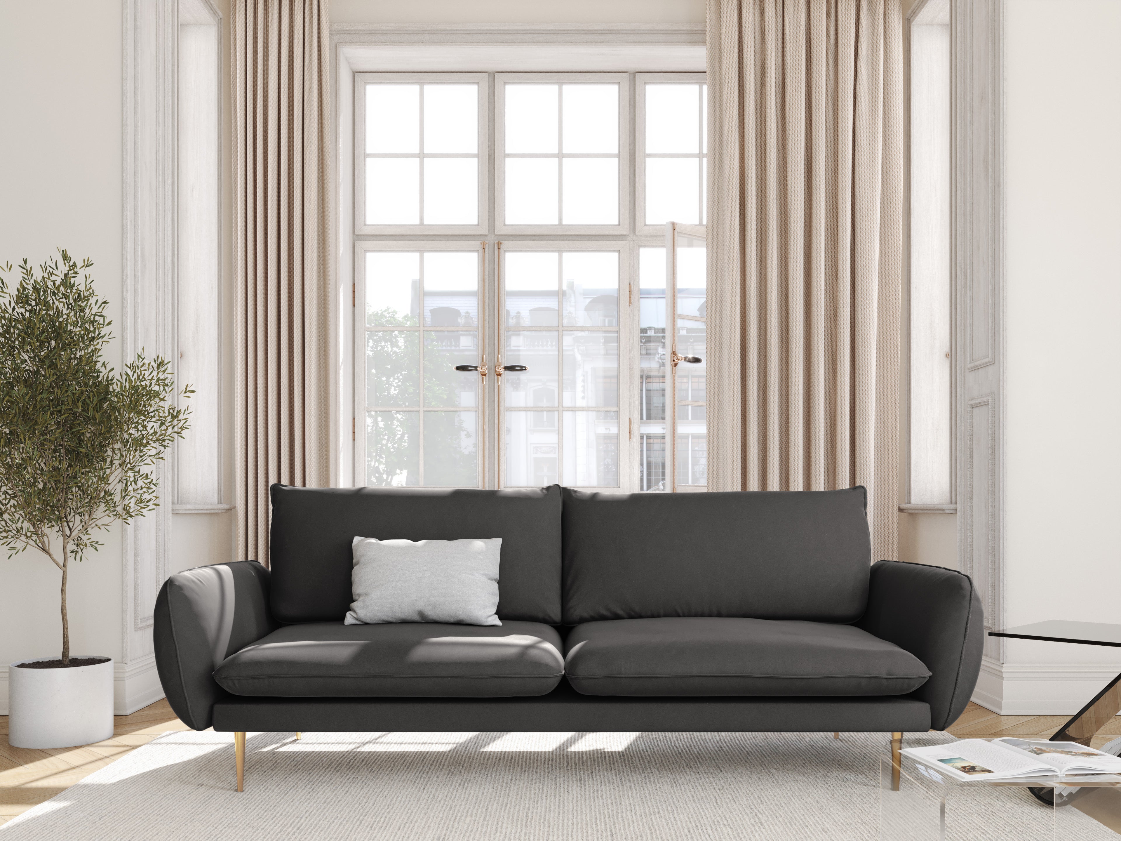 Velvet sofa 3-seater VIENNA dark gray with a gold base