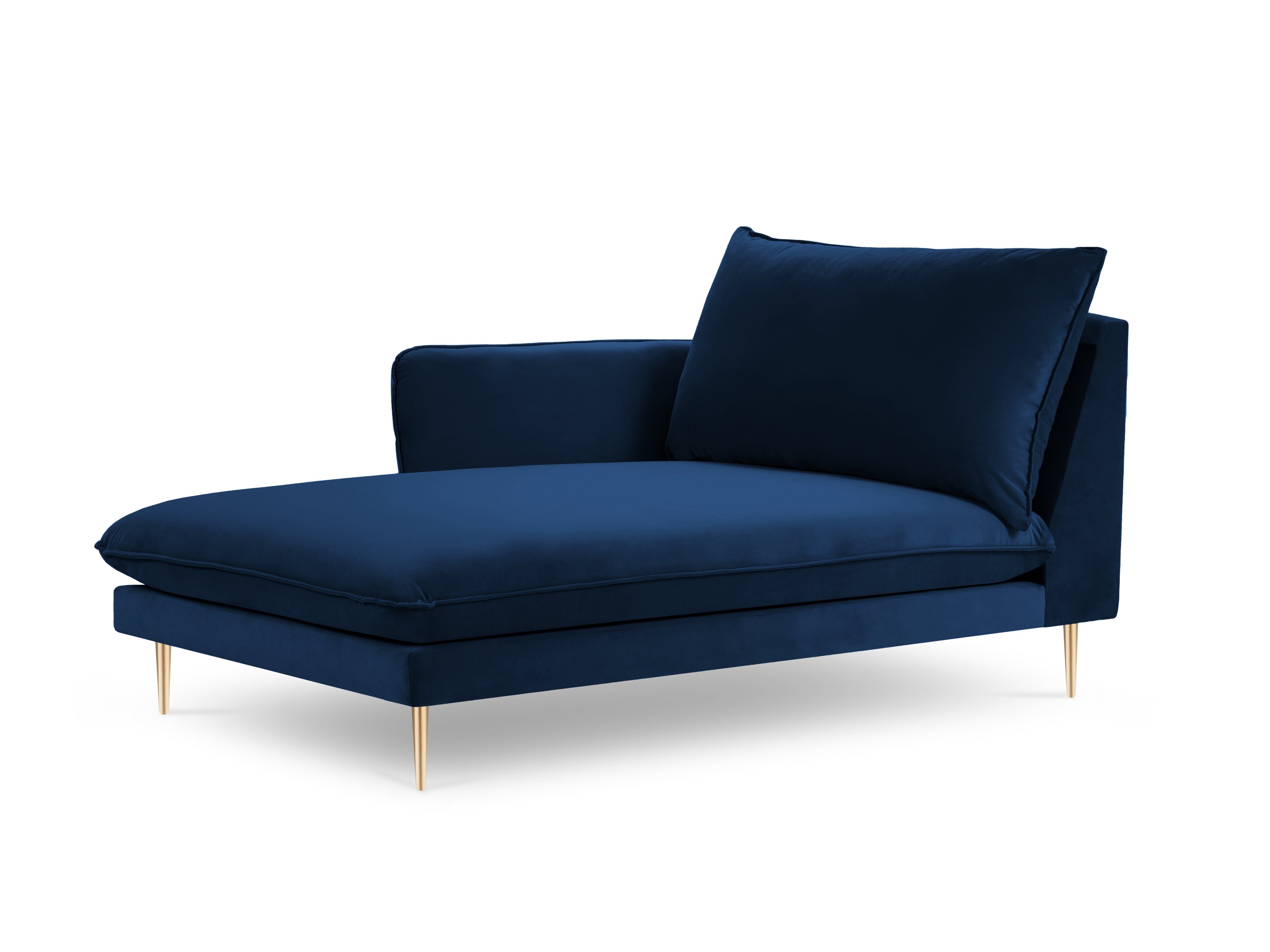 Left-facing velvet chaise longue VIENNA in royal blue with a gold base