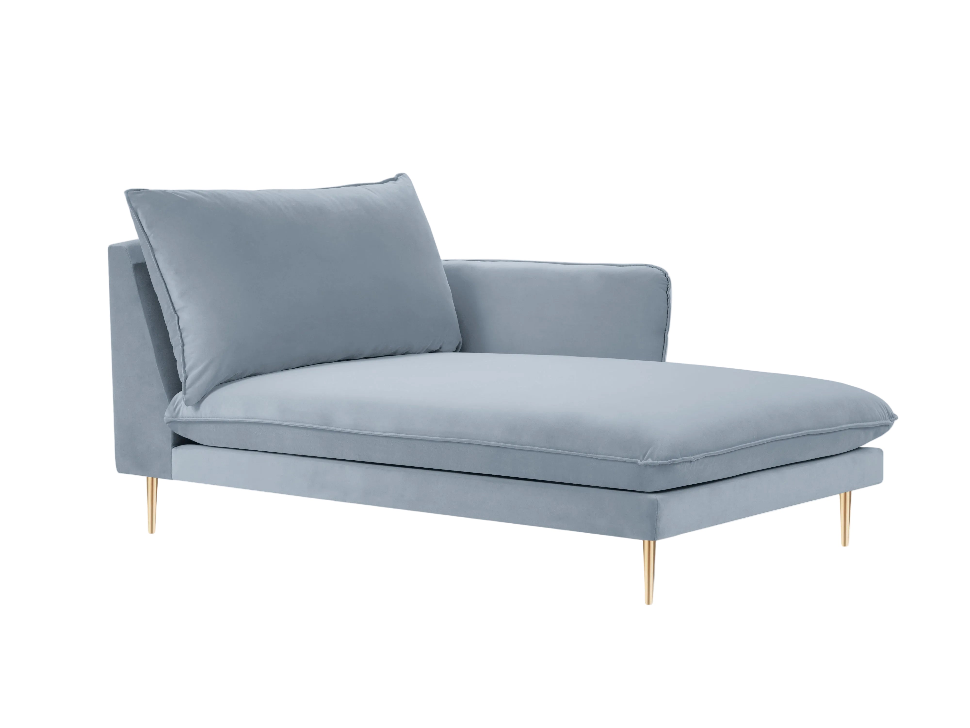 Right-facing velvet chaise longue VIENNA light blue with a gold base