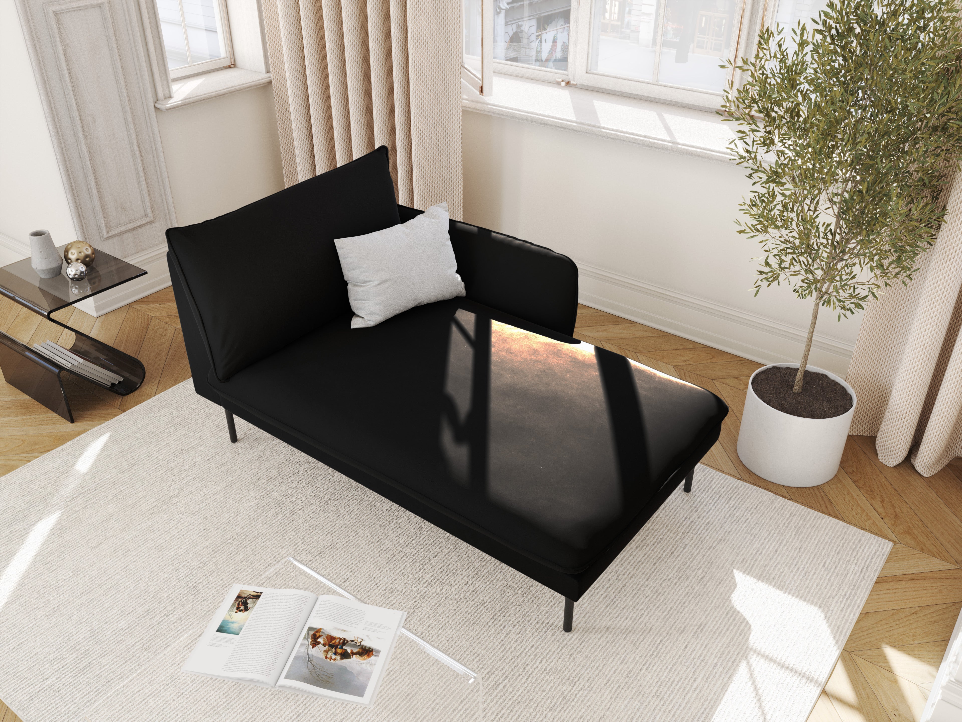 Velvet right-sided chaise longue VIENNA black with black base