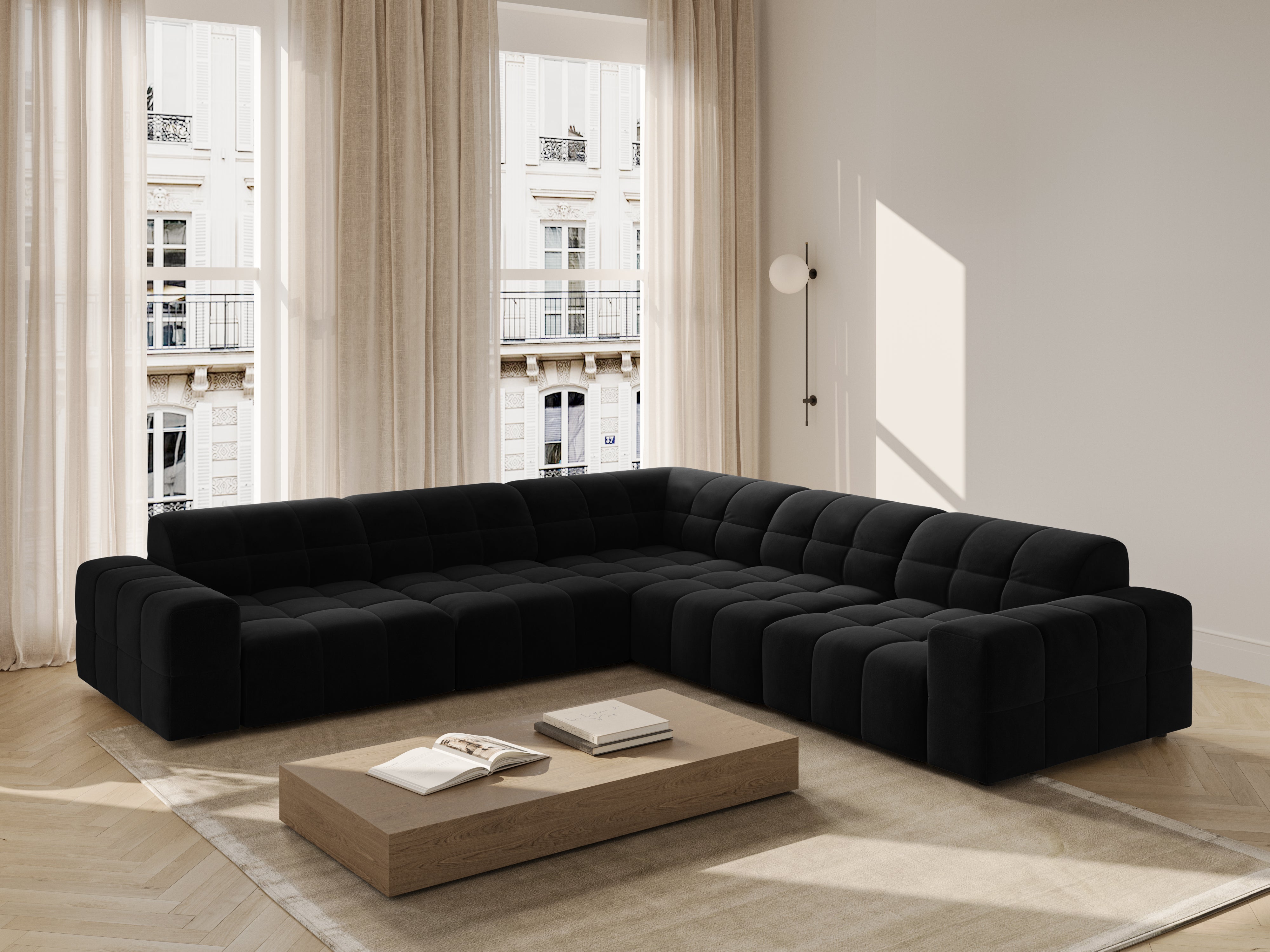 Symmetrische Samt-Eckcouch CHICAGO schwarz