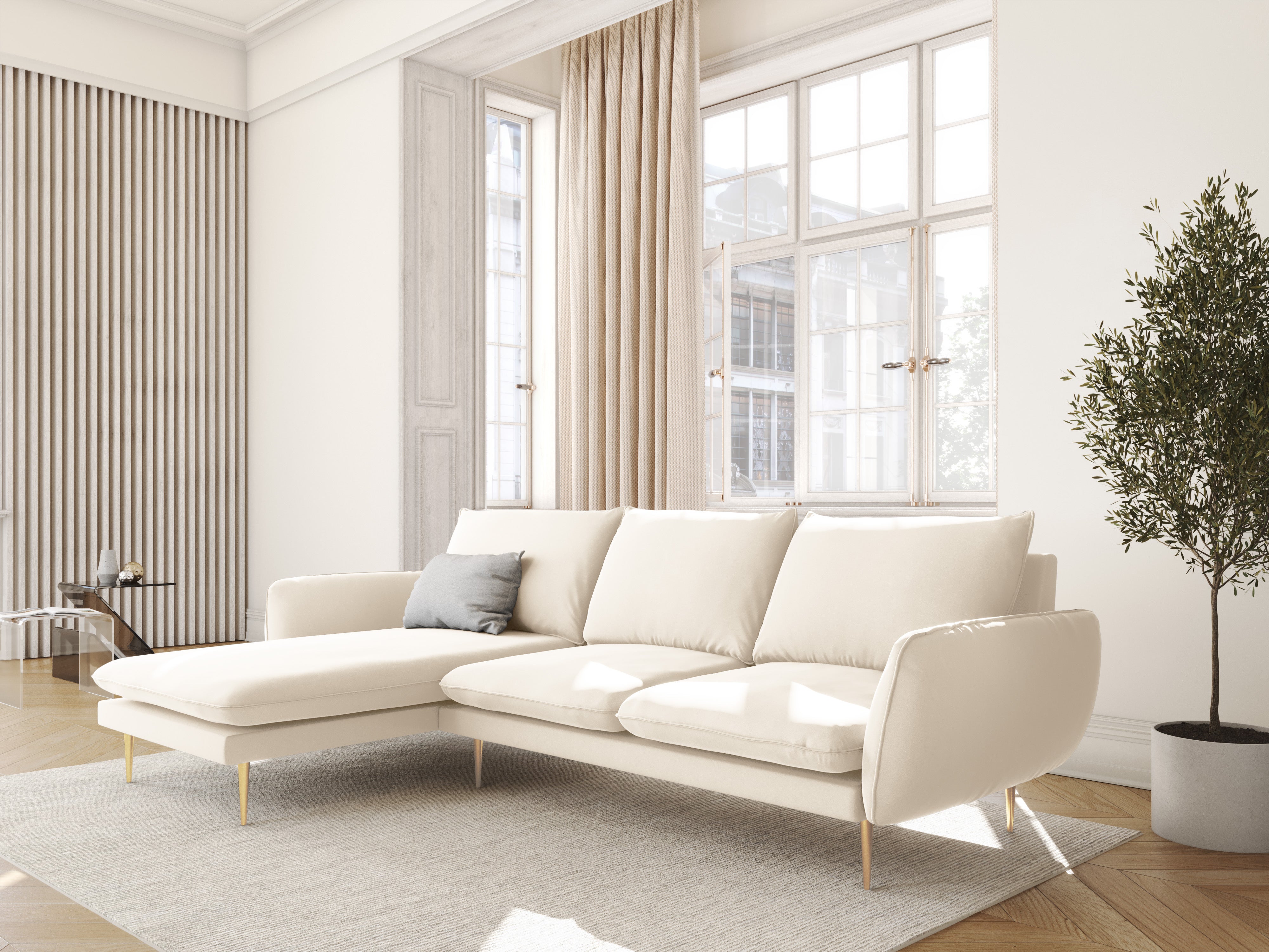 Left-facing velvet corner sofa for 5 people VIENNA in beige with a gold base