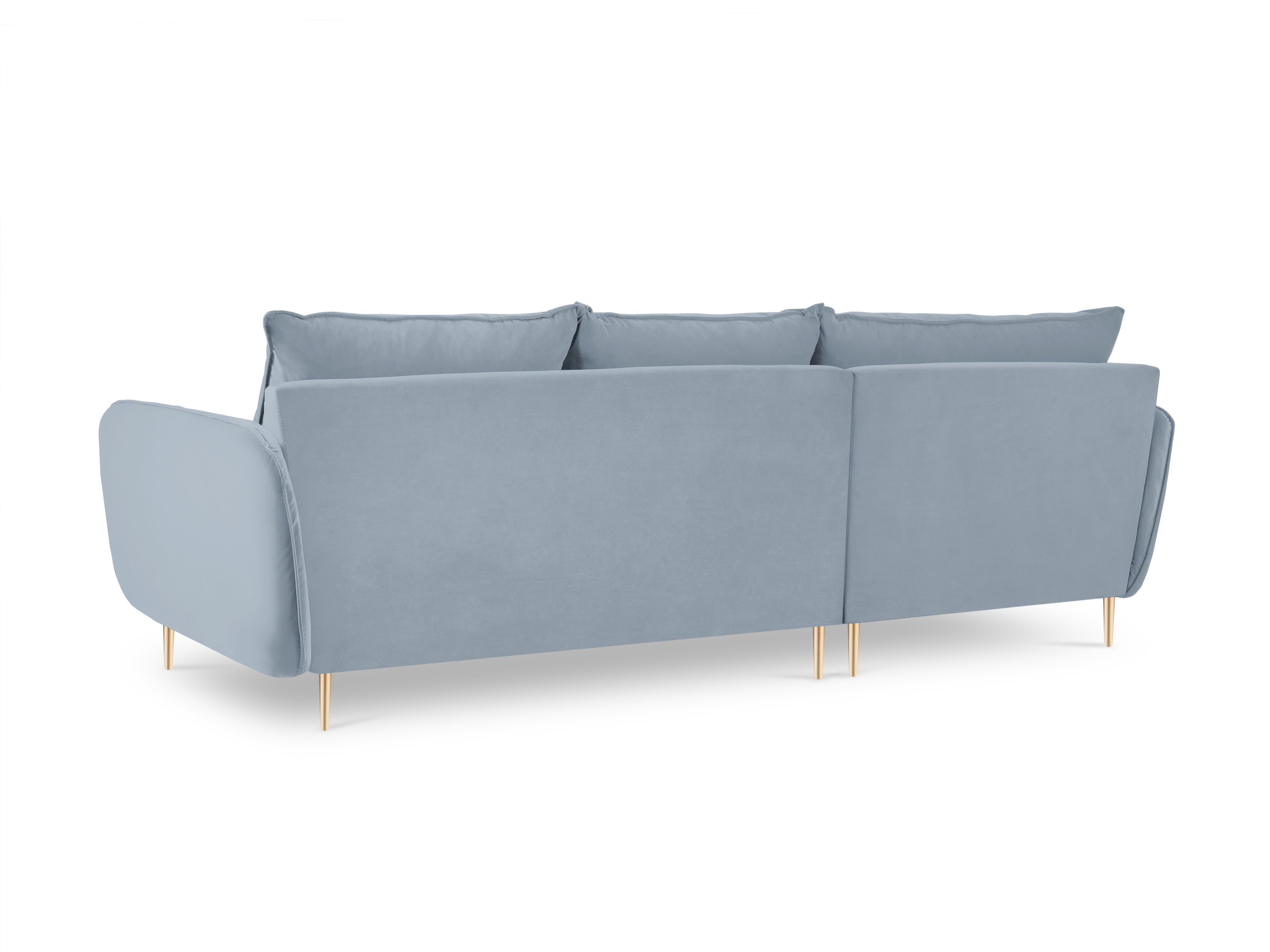 Left-facing velvet corner sofa for 5 people VIENNA in light blue with a gold base