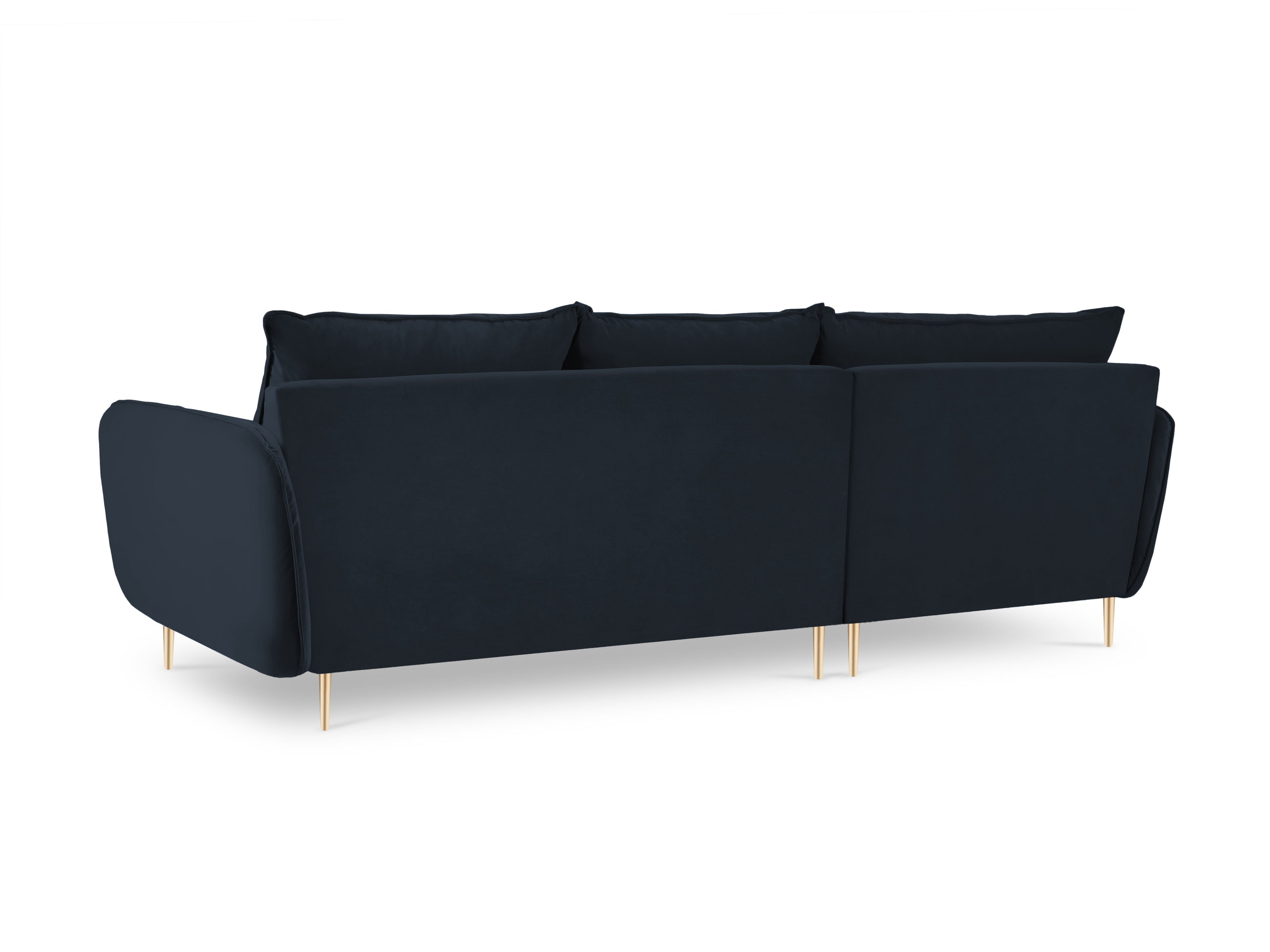 Left-facing velvet corner sofa for 5 people VIENNA in dark blue with a gold base