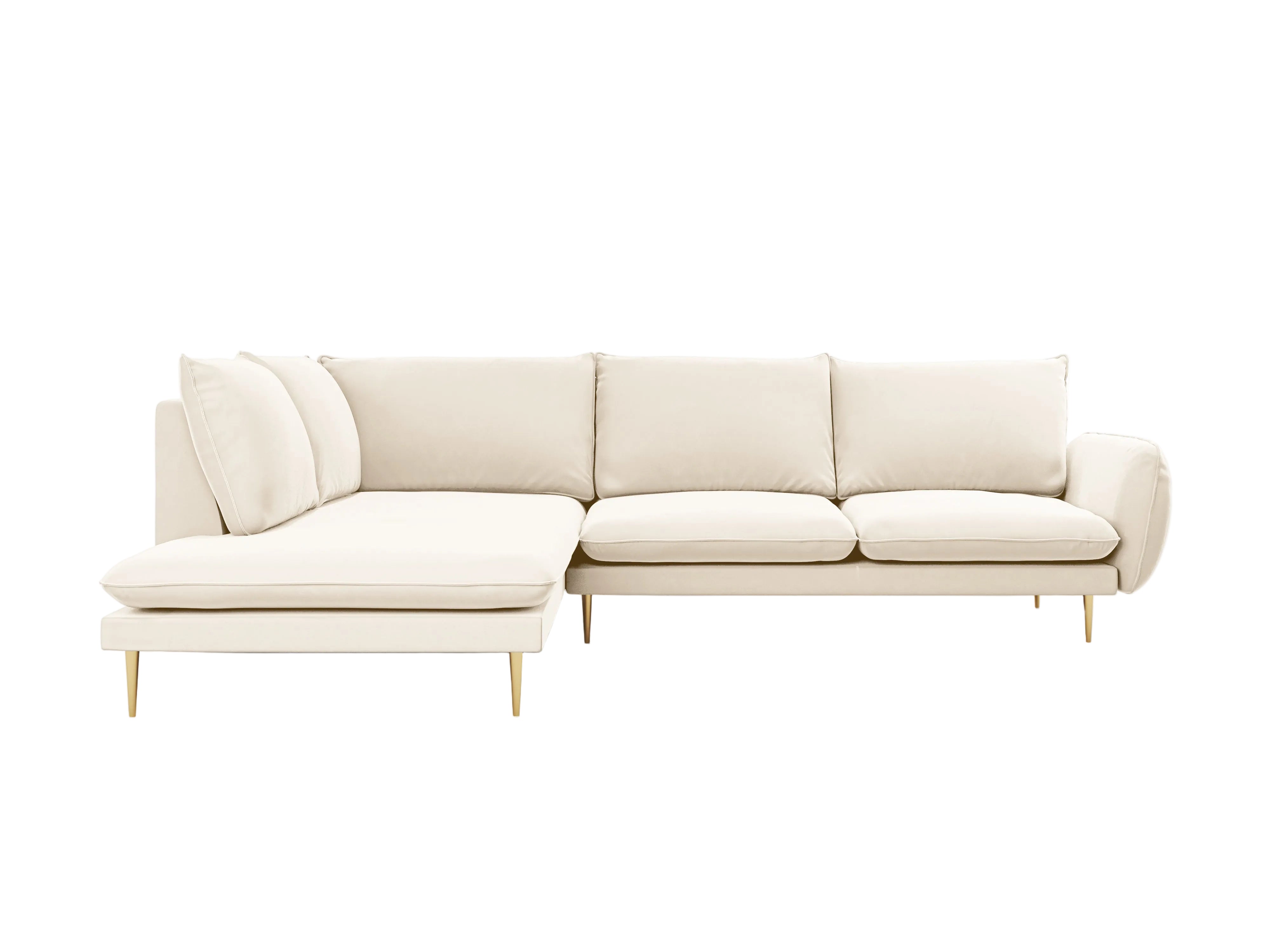 Velvet Corner Sofa for 6 People, Left Side VIENNA in Beige with Gold Base