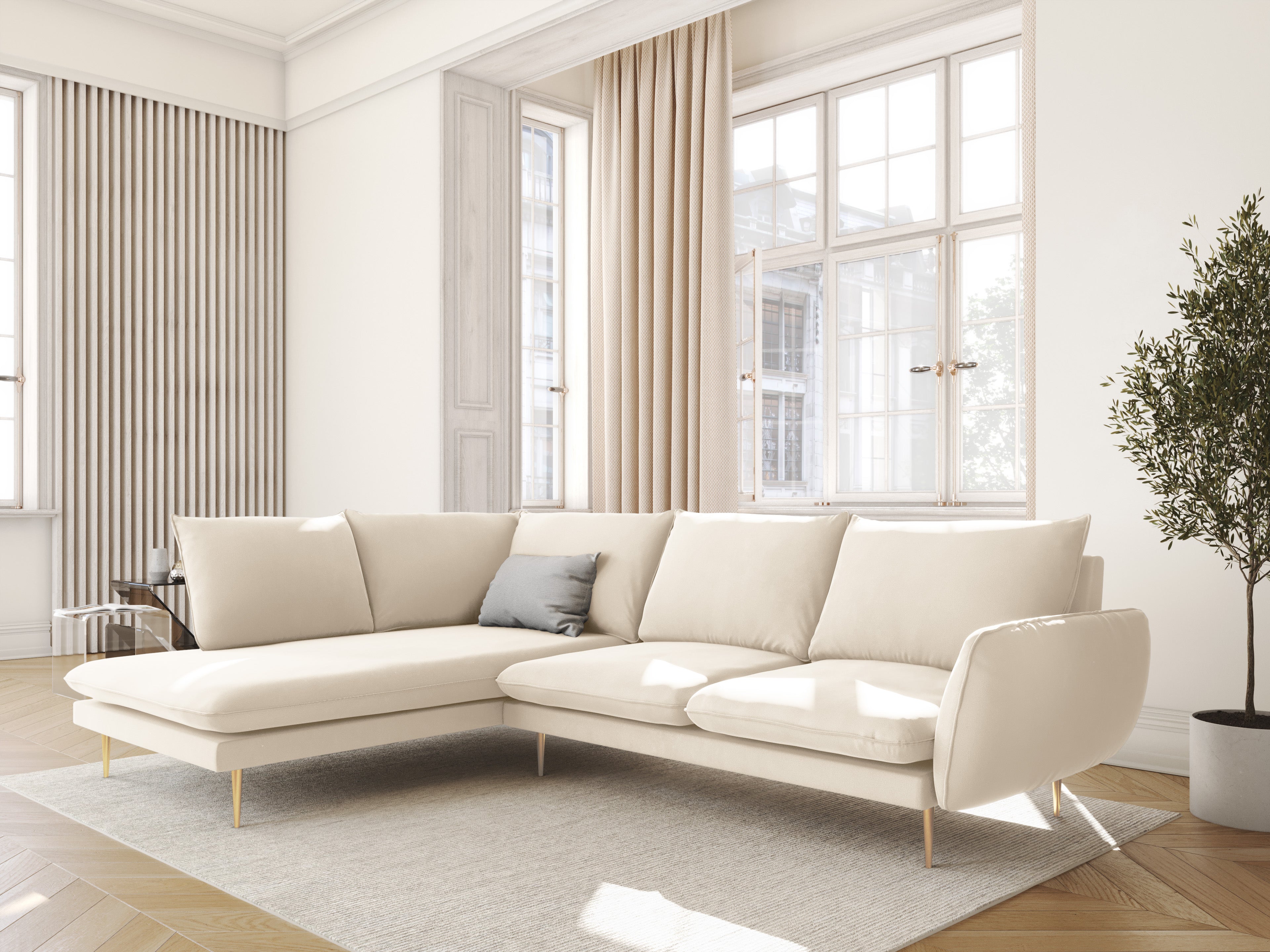 Velvet Corner Sofa for 6 People, Left Side VIENNA in Beige with Gold Base
