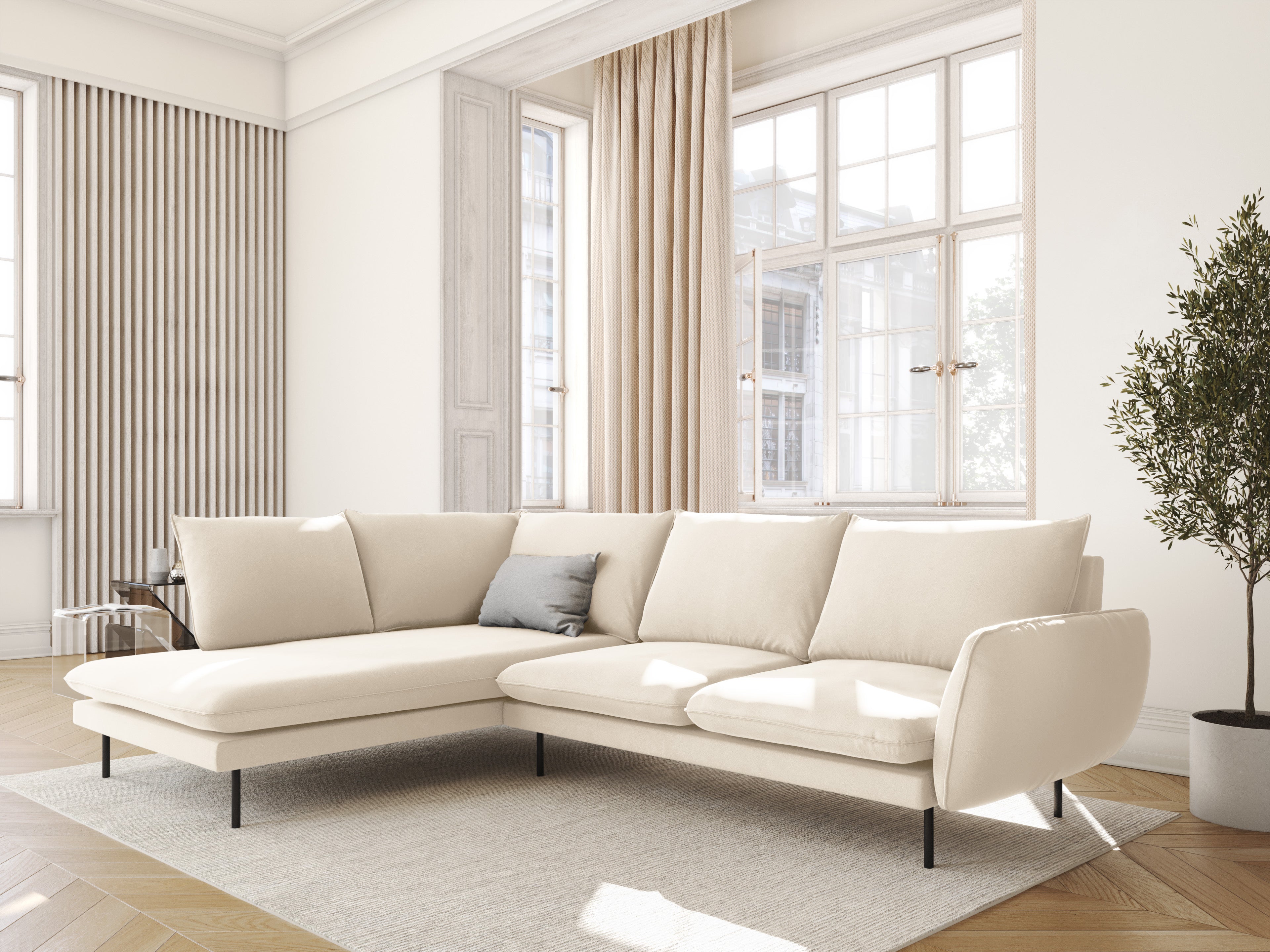 Velvet Corner Sofa for 6 People, Left Side VIENNA in Beige with Black Base