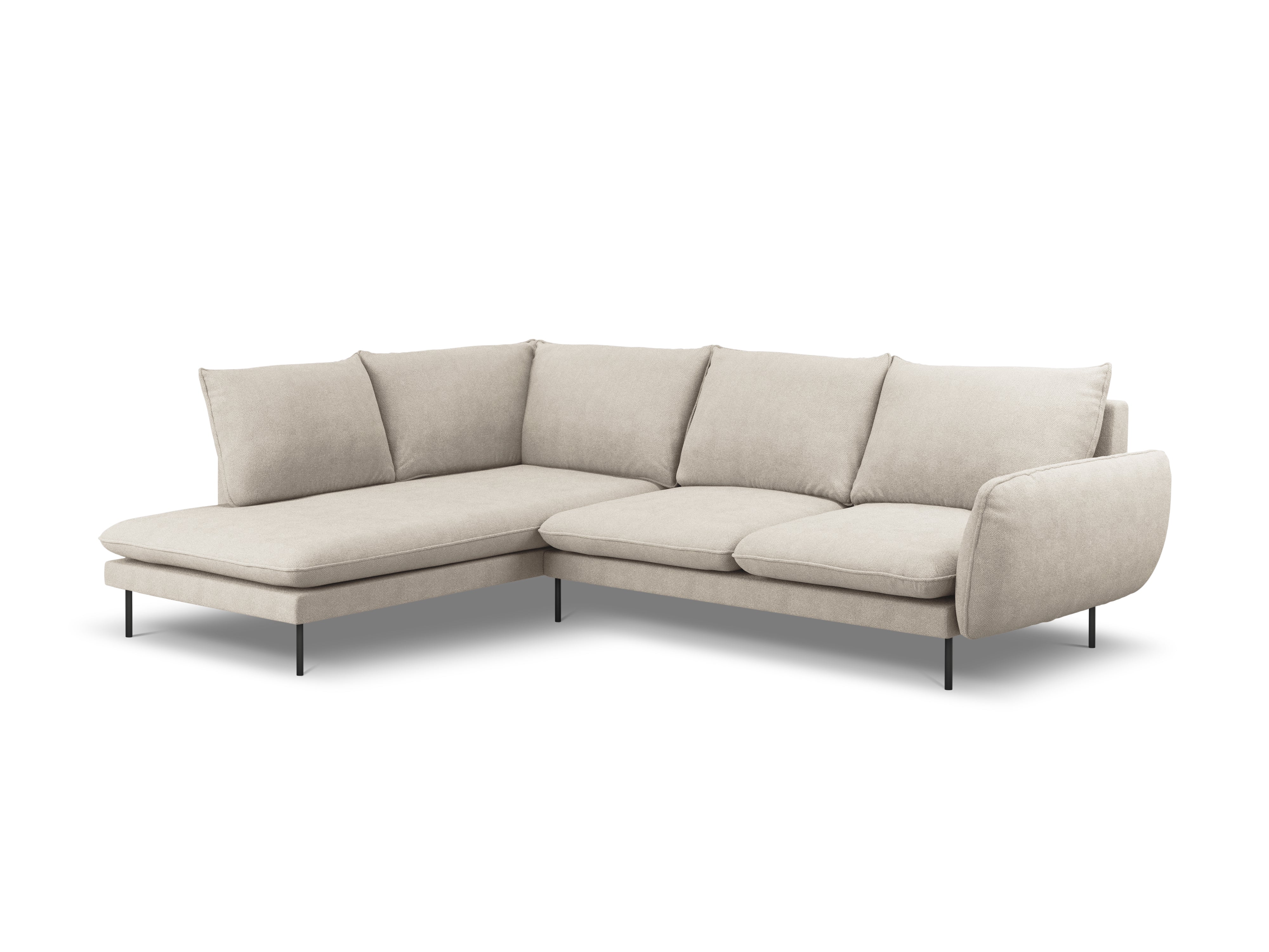 Left-facing 6-seater corner sofa VIENNA light beige chenille with black base