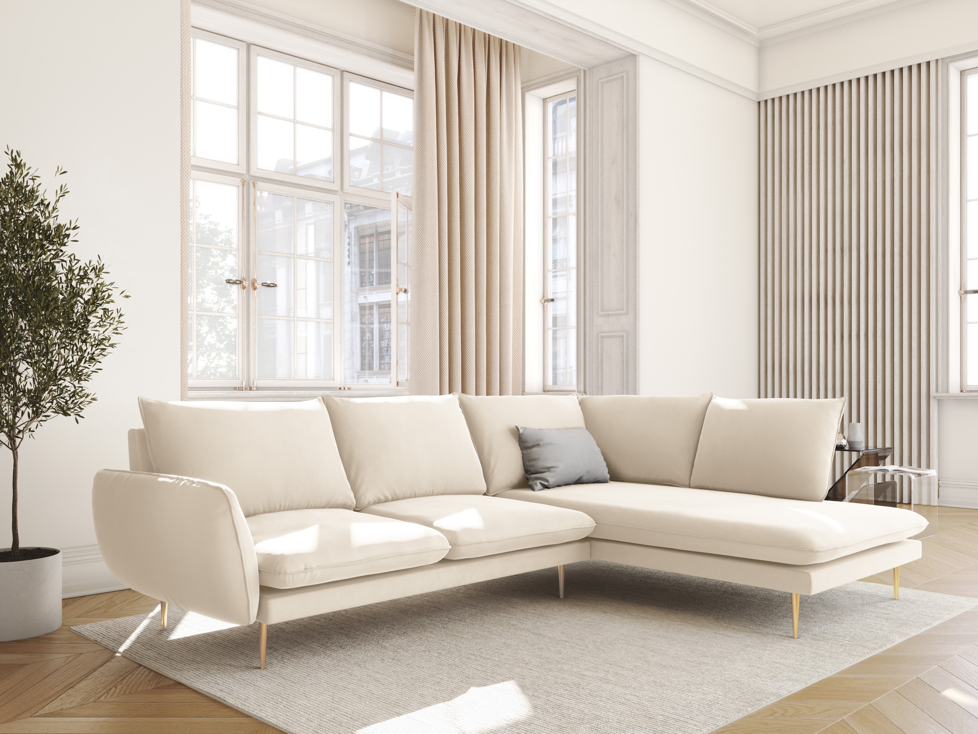 Velvet Corner Sofa for 6 People Right-Hand Side VIENNA Beige with Gold Base