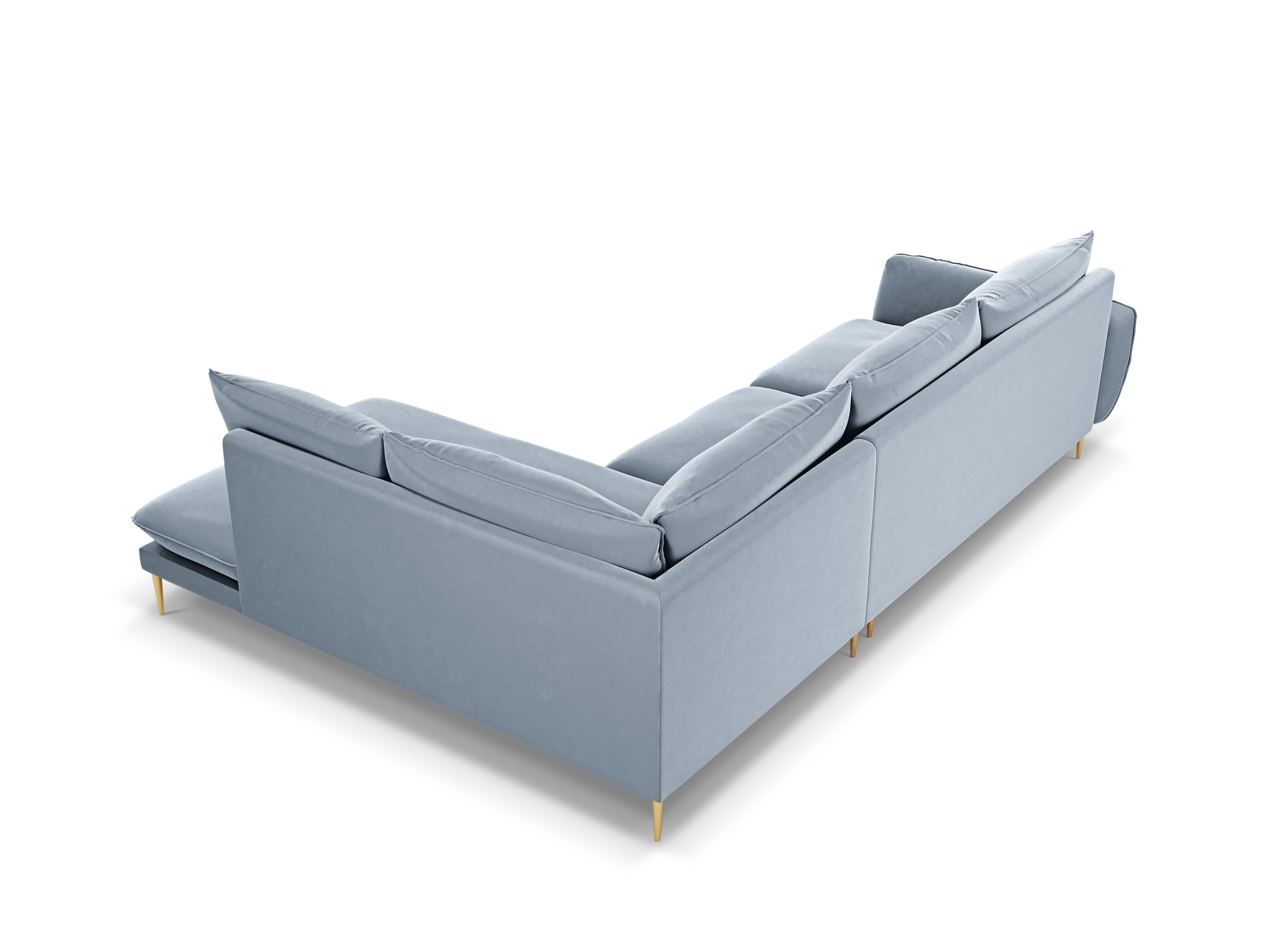 Velvet corner sofa for 6 people, right-facing VIENNA in light blue with a gold base