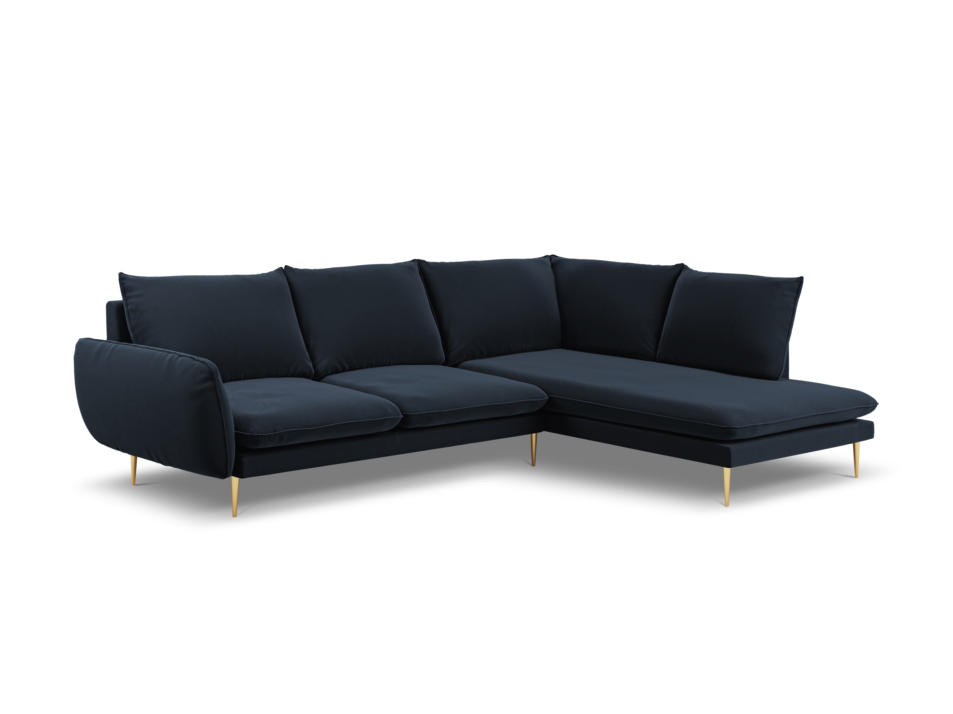 Velvet corner sofa for 6 people, right-facing, VIENNA, dark blue with a gold base