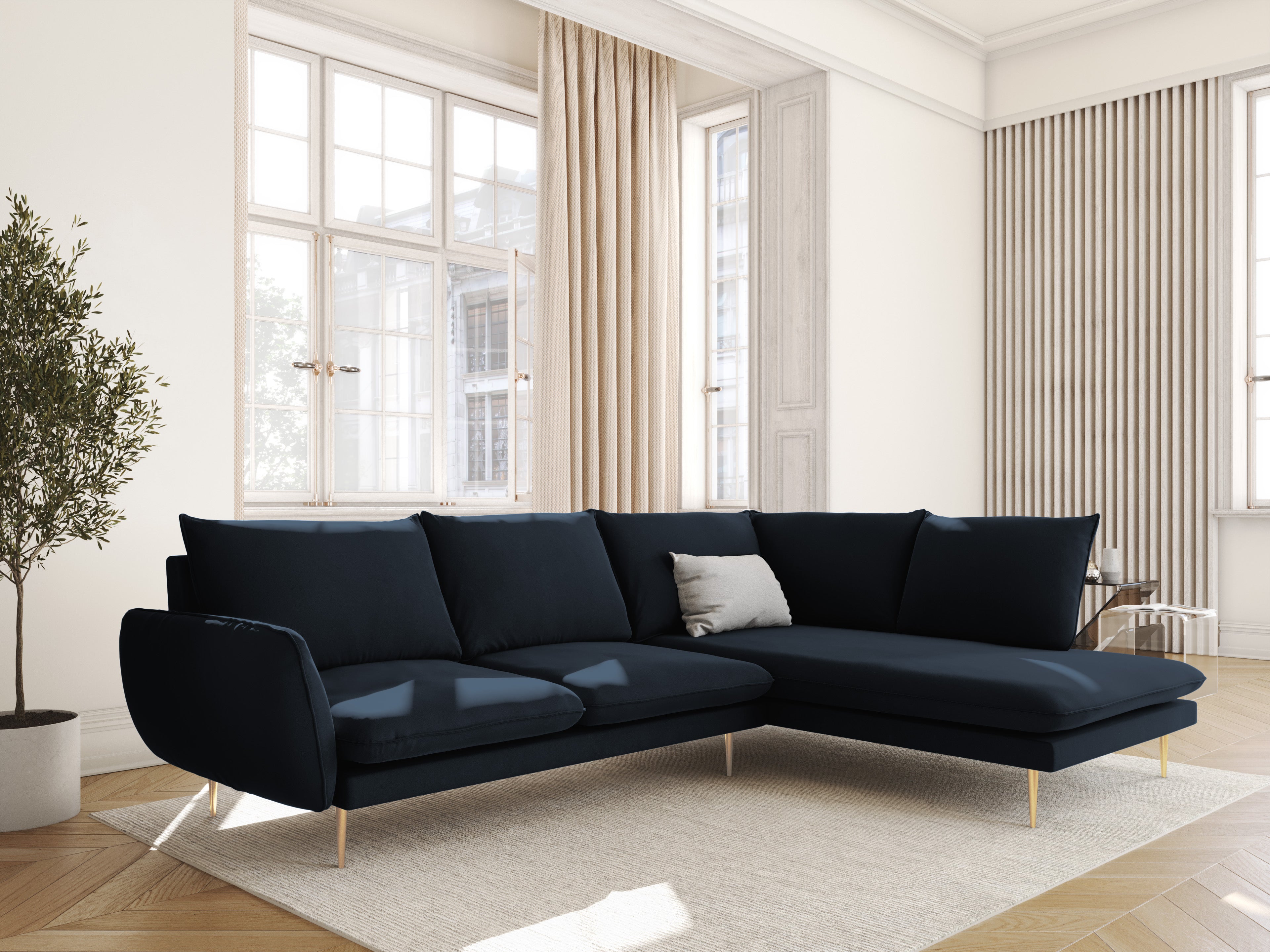 Velvet corner sofa for 6 people, right-facing, VIENNA, dark blue with a gold base