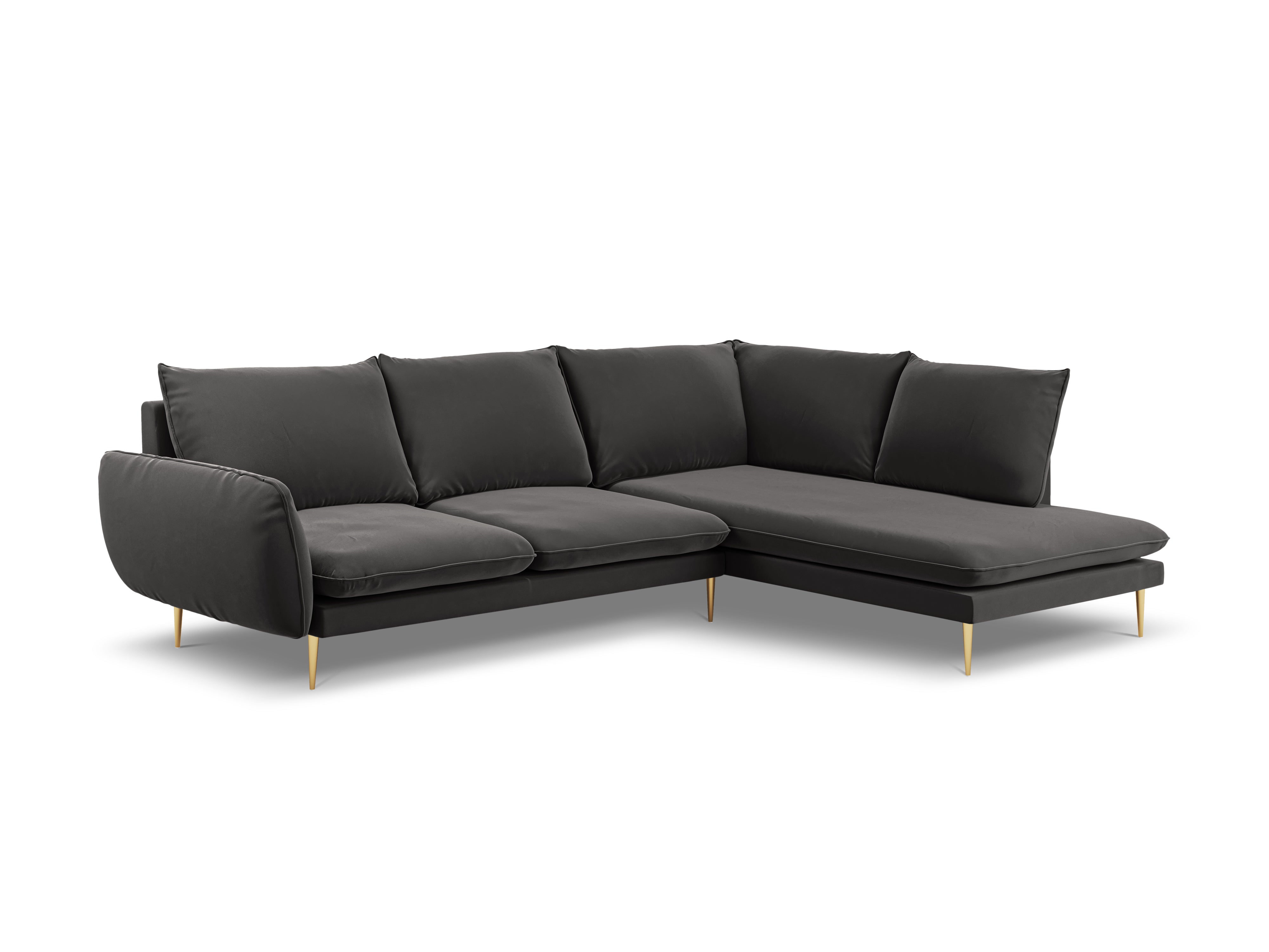 Velvet Corner Sofa for 6 People Right-Hand Side VIENNA Dark Gray with Gold Base