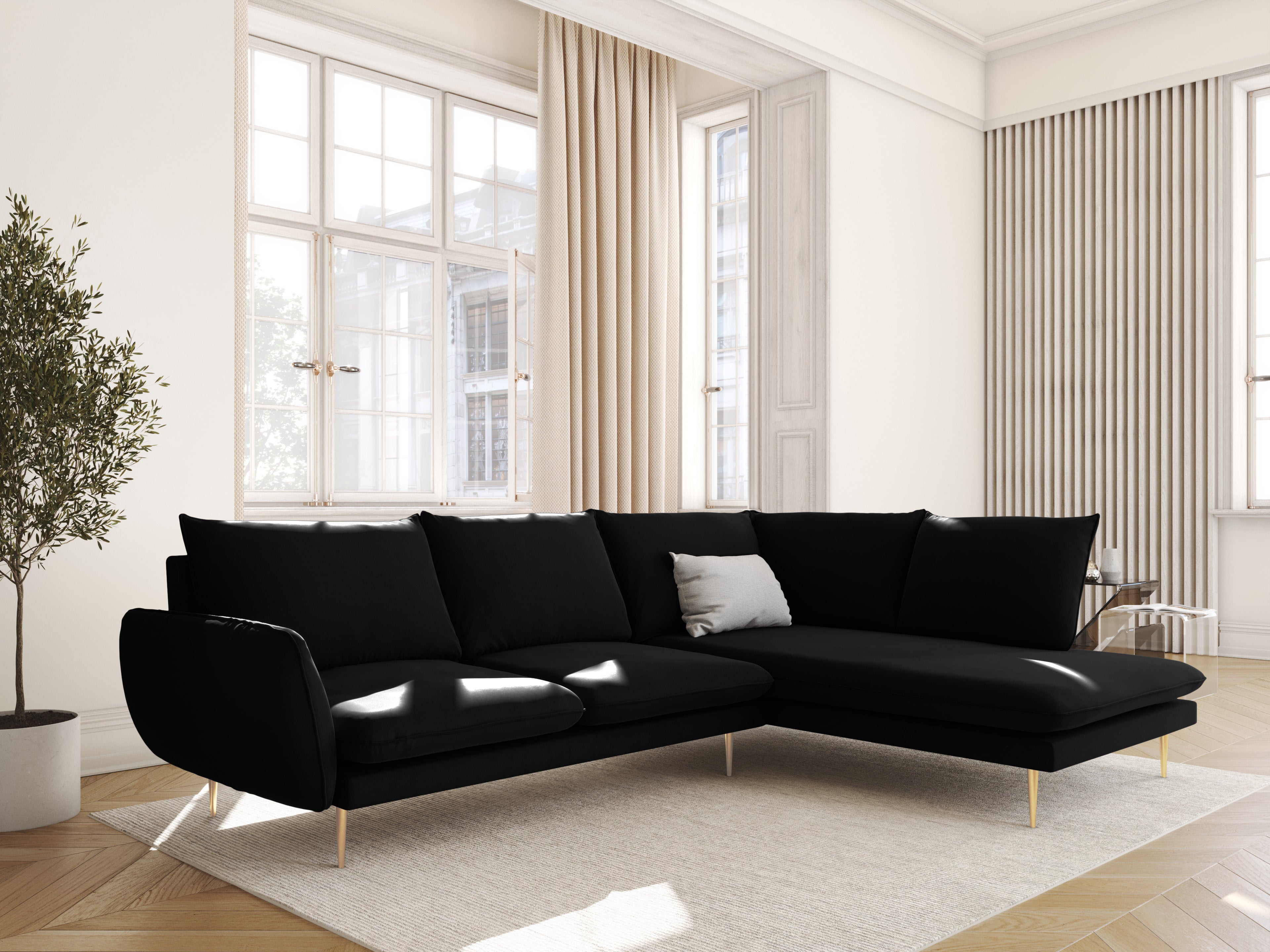 VIENNA Black Velvet Panoramic Sofa for 6 People with Gold Base