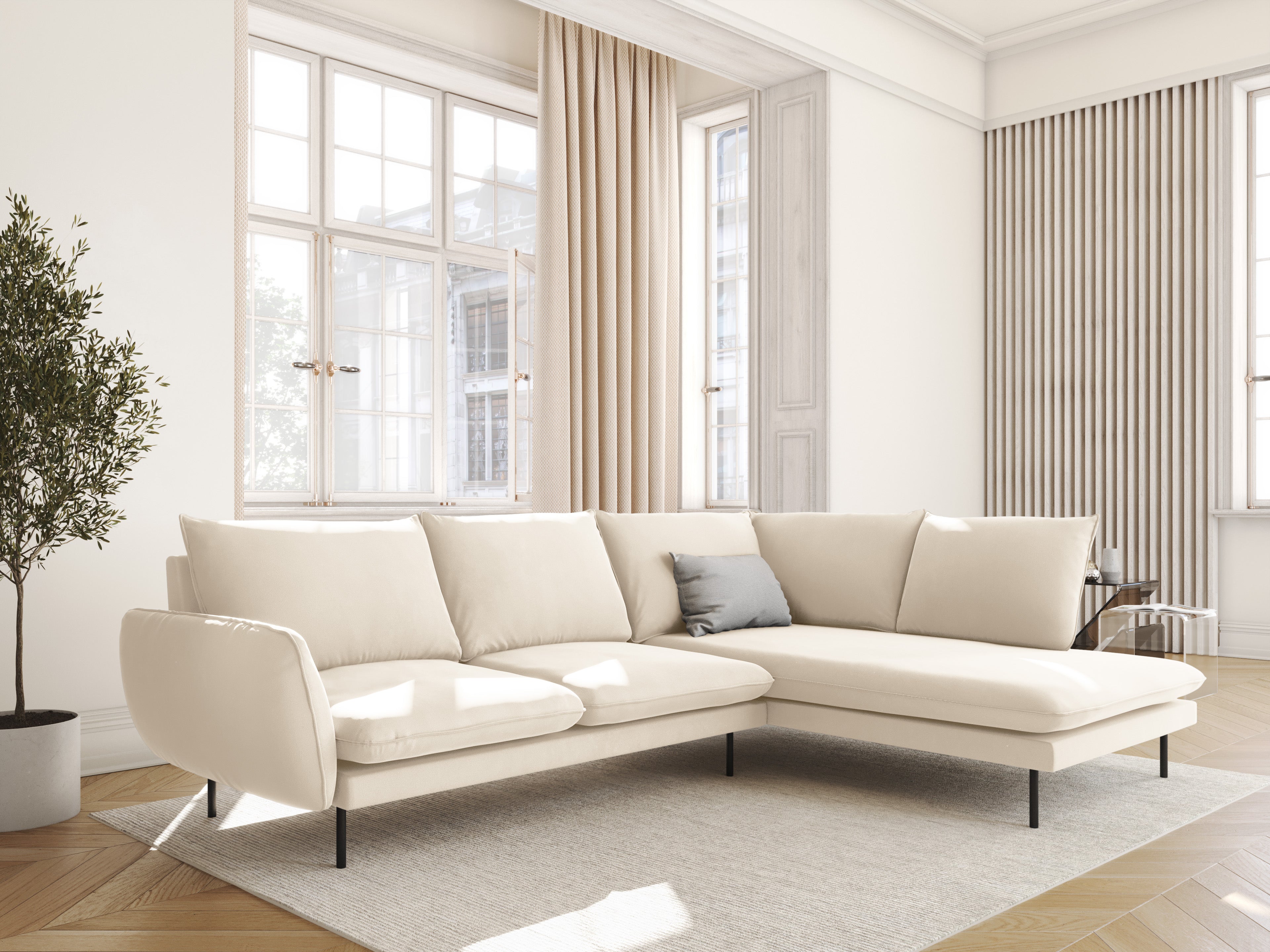 Velvet Corner Sofa for 6 People Right-Hand Side VIENNA Beige with Black Base