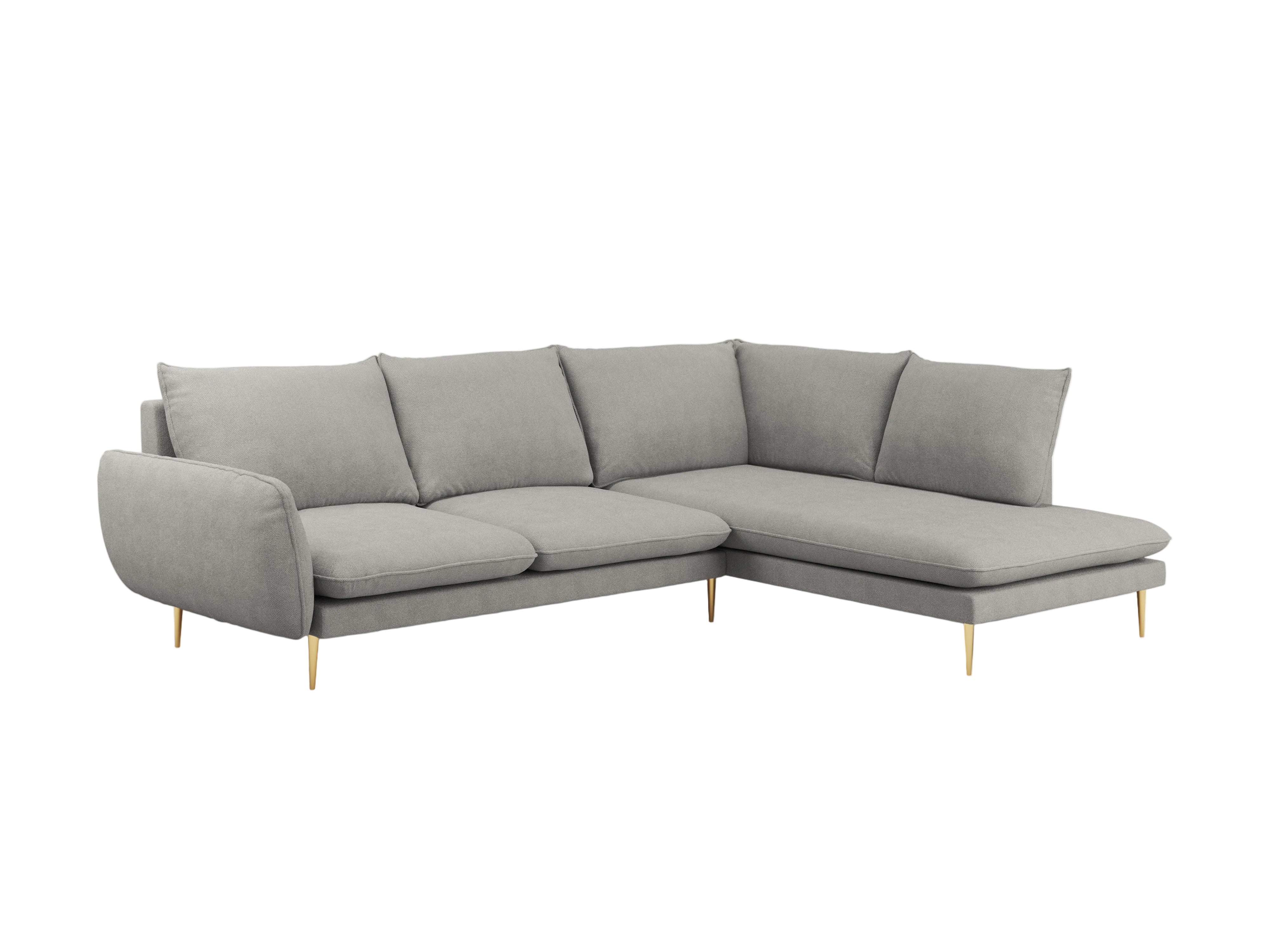 Right-facing 6-seater corner sofa VIENNA light gray chenille with a gold base