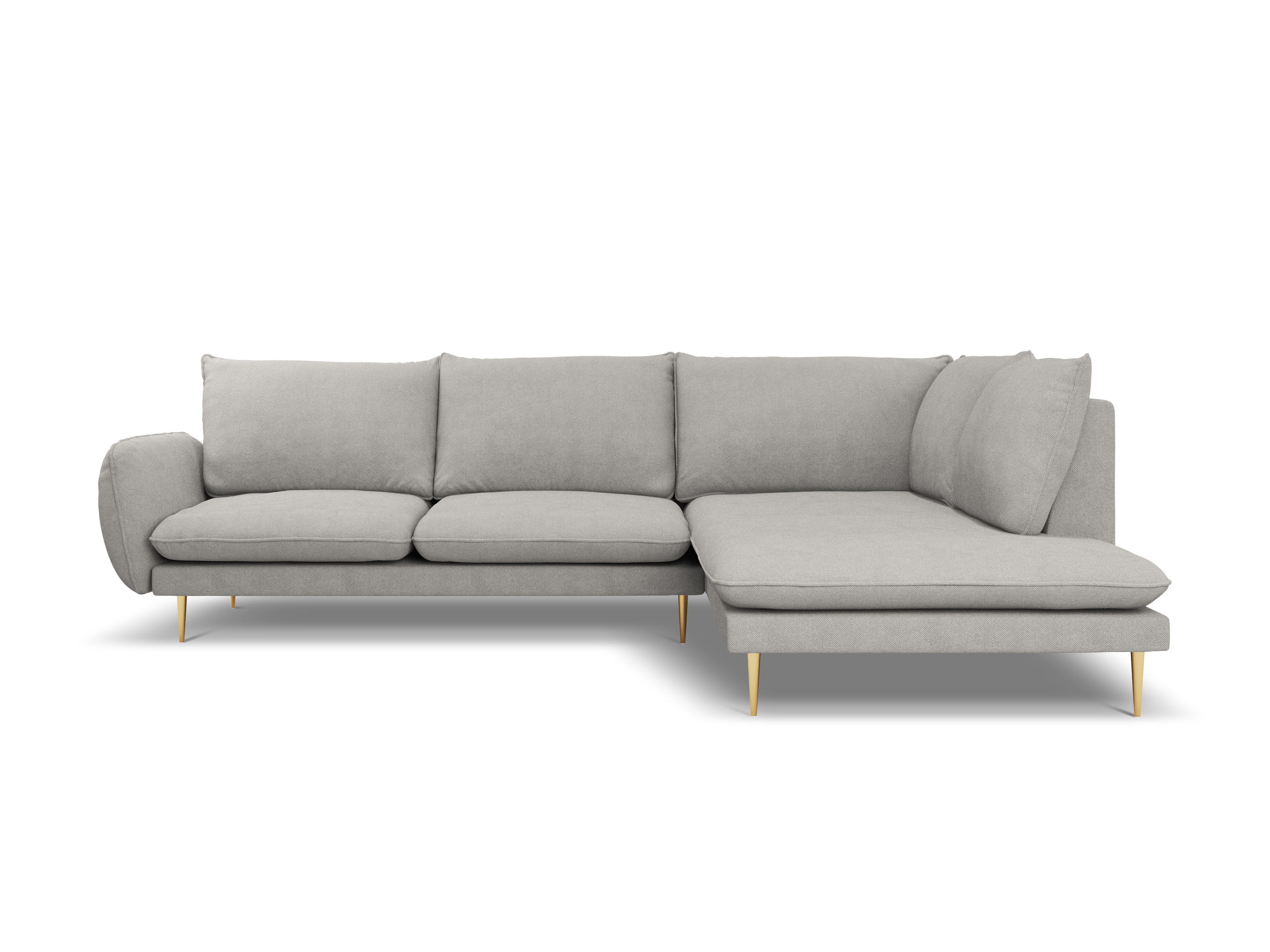 Right-facing 6-seater corner sofa VIENNA light gray chenille with a gold base
