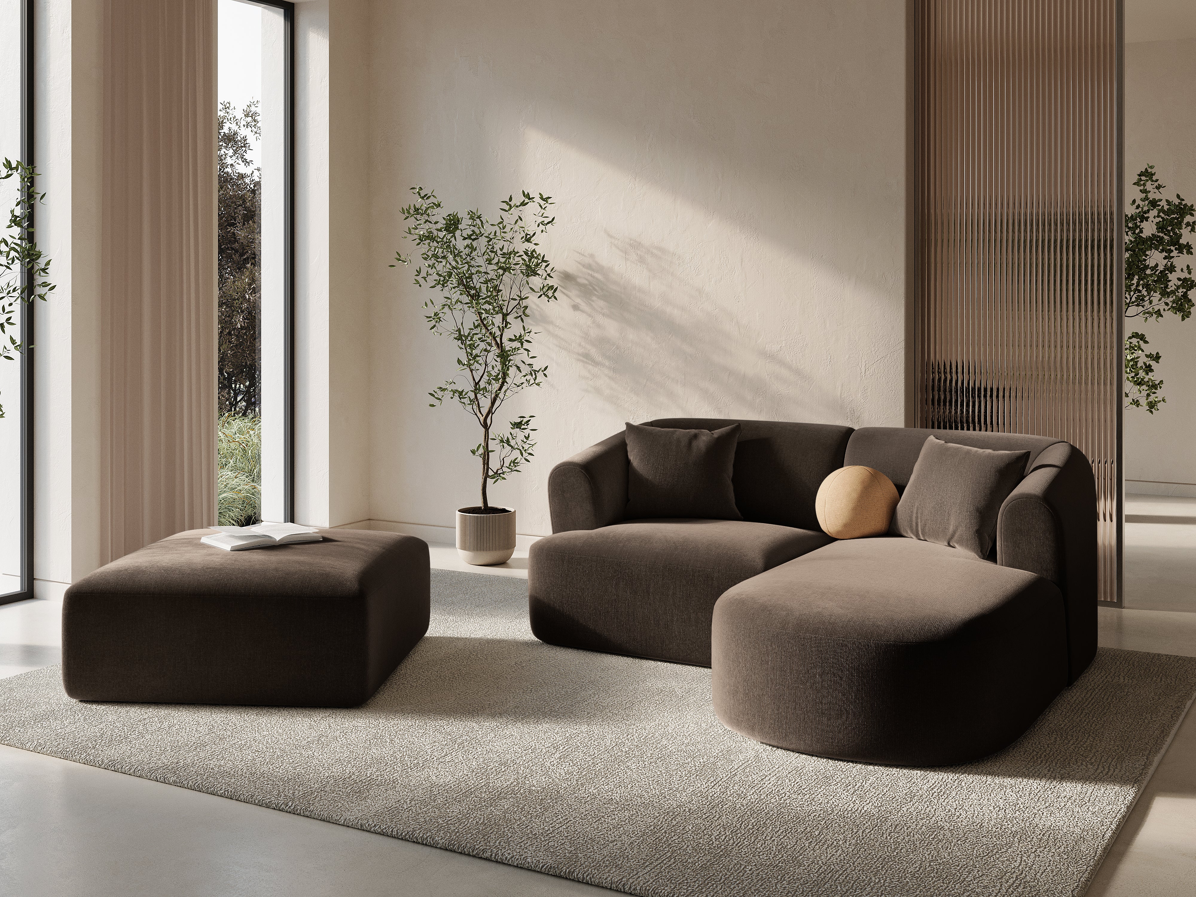 Right-facing velvet corner sofa for 3 people CAMPI chocolate