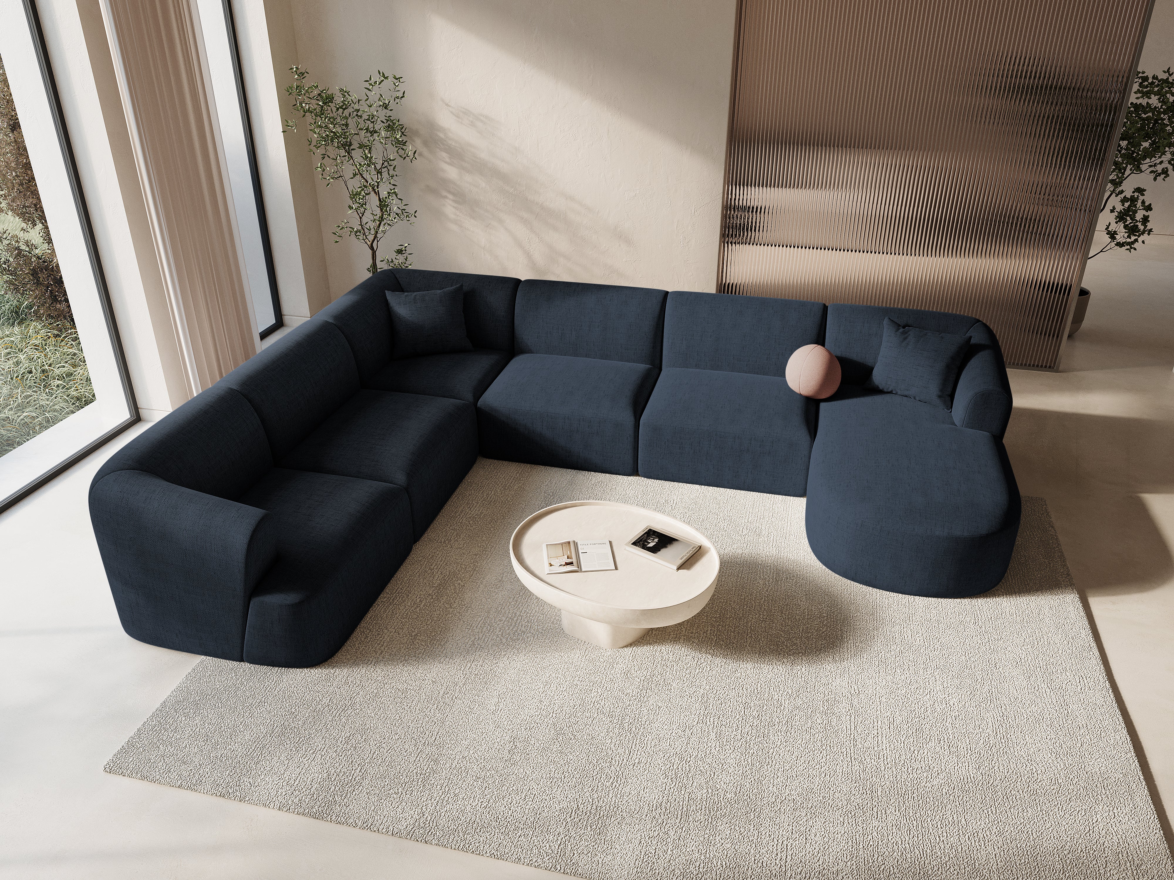 Left-sided panoramic corner sofa for 7 people CAMPI blue chenille