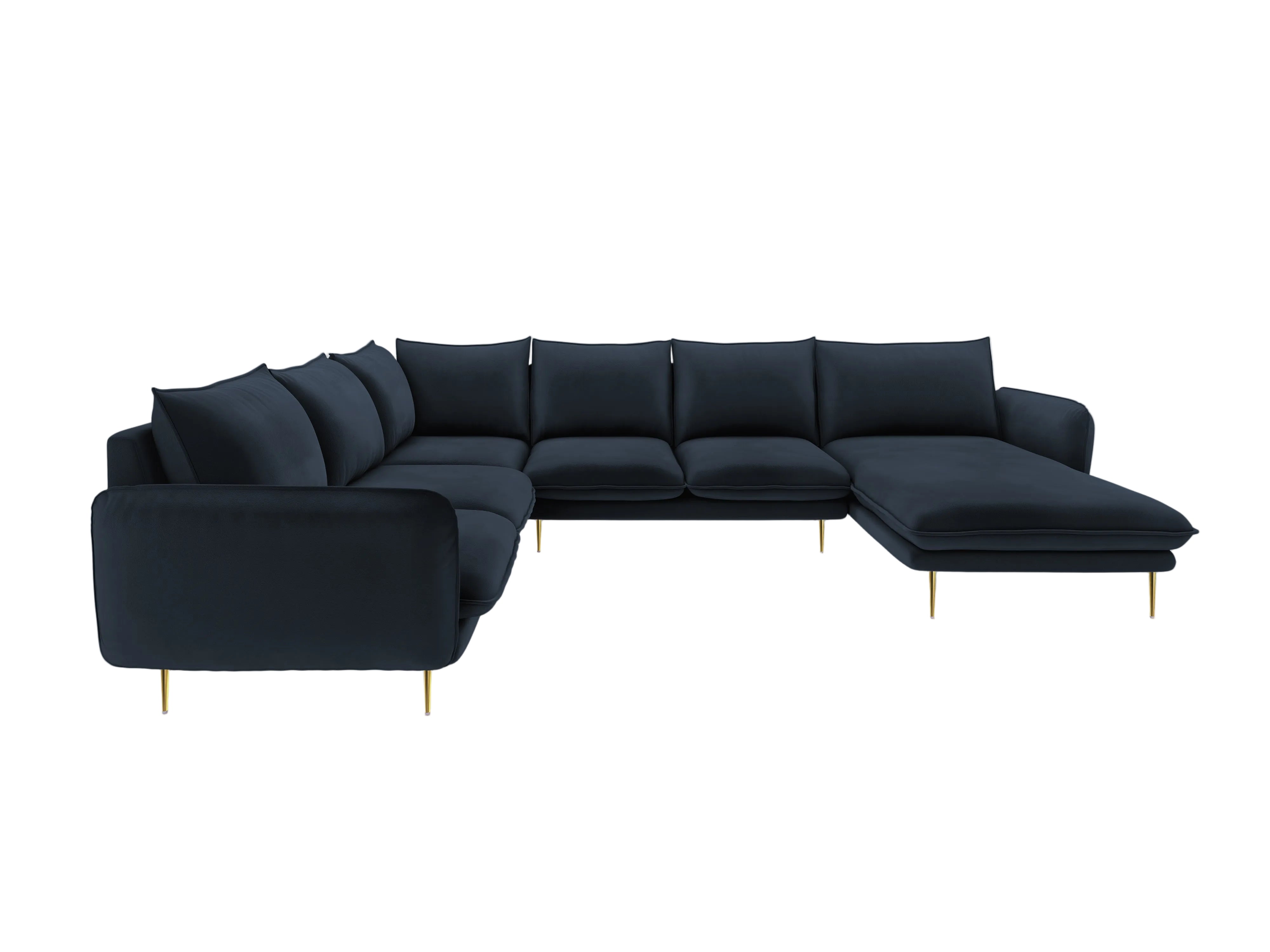 Panoramic Velvet Left-Facing Sofa for 7 People VIENNA in Dark Blue with Gold Base