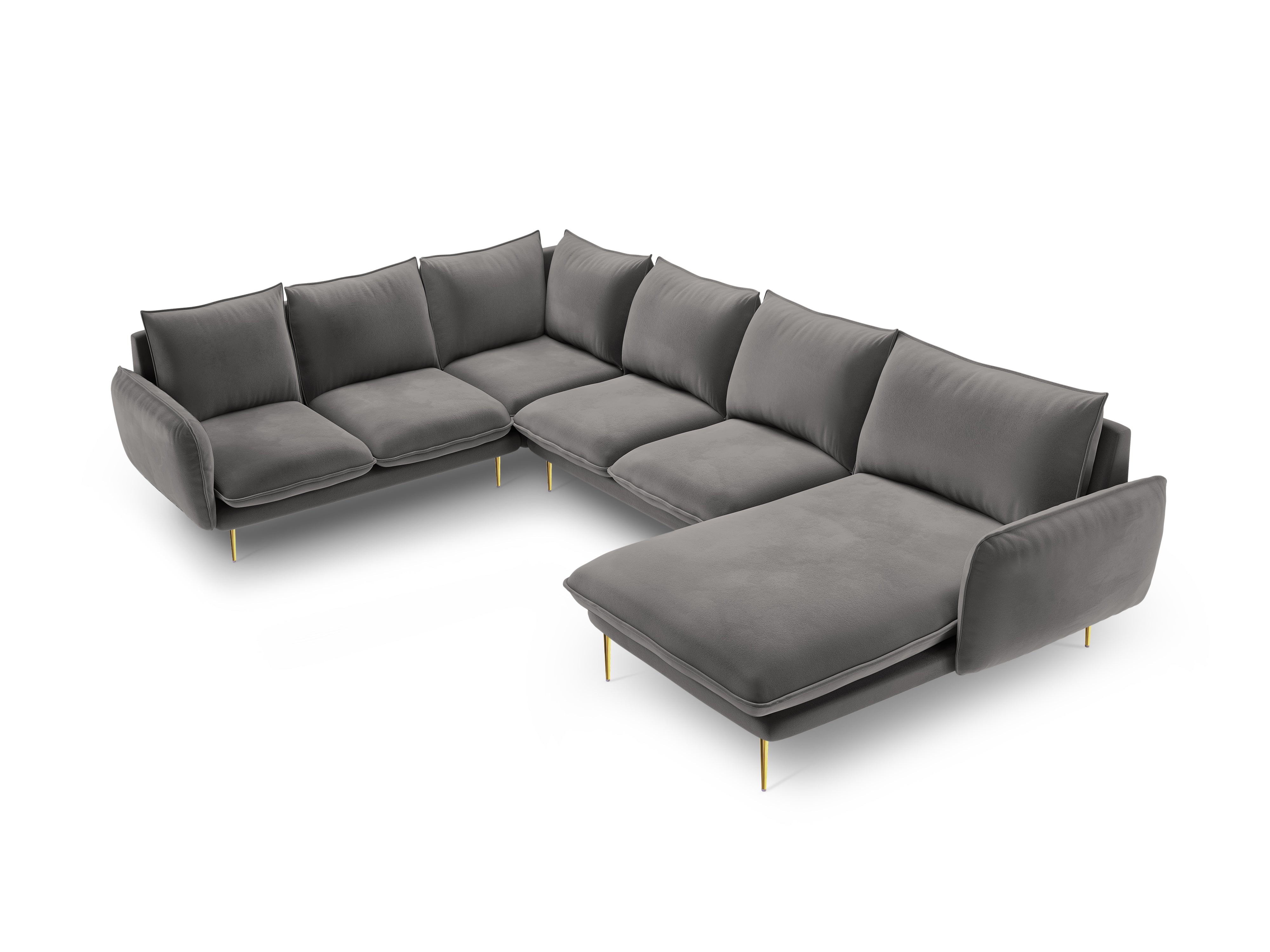 Left-facing velvet panoramic corner sofa for 7 people VIENNA in light gray with a gold base