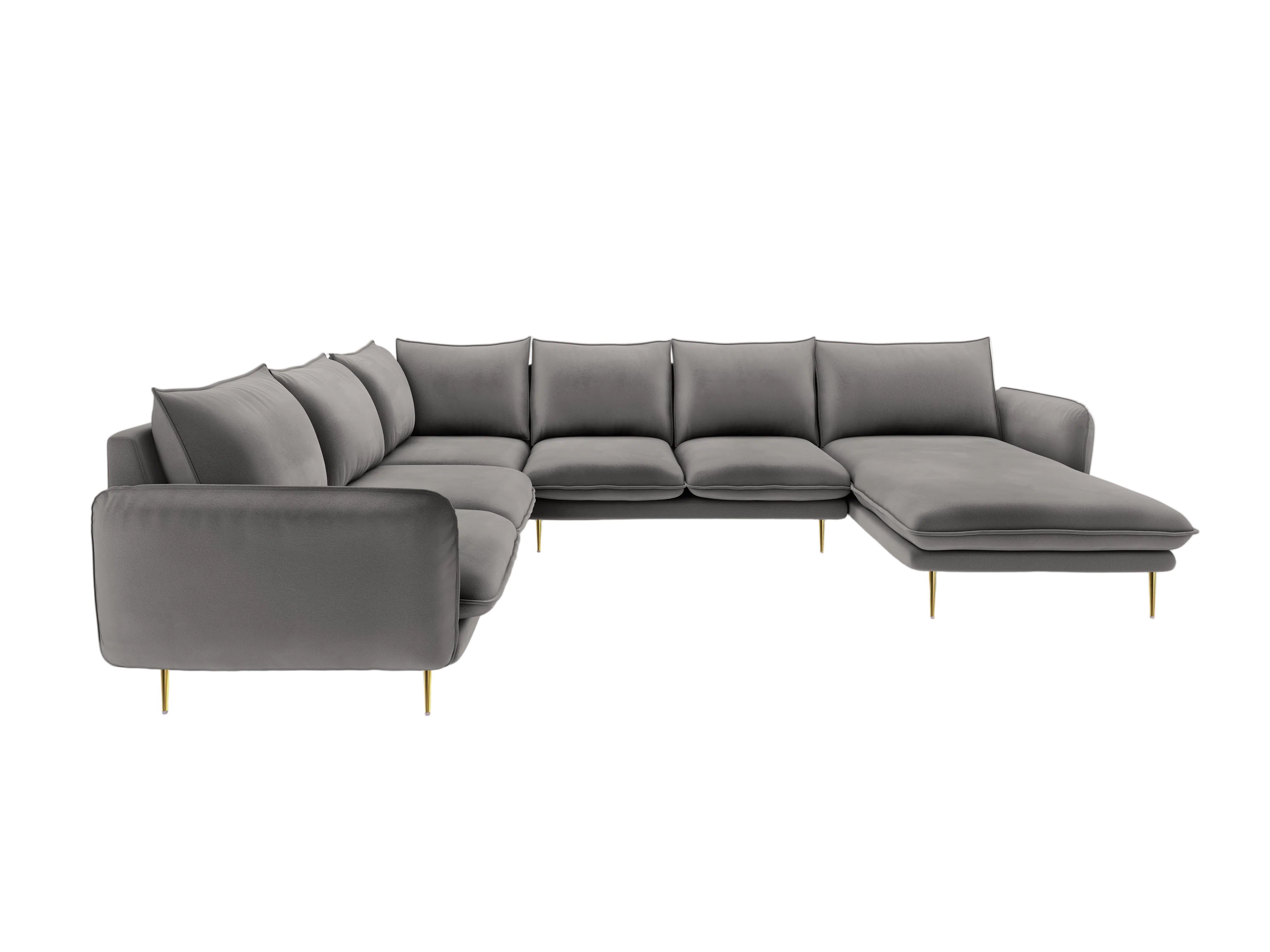 Left-facing velvet panoramic corner sofa for 7 people VIENNA in light gray with a gold base