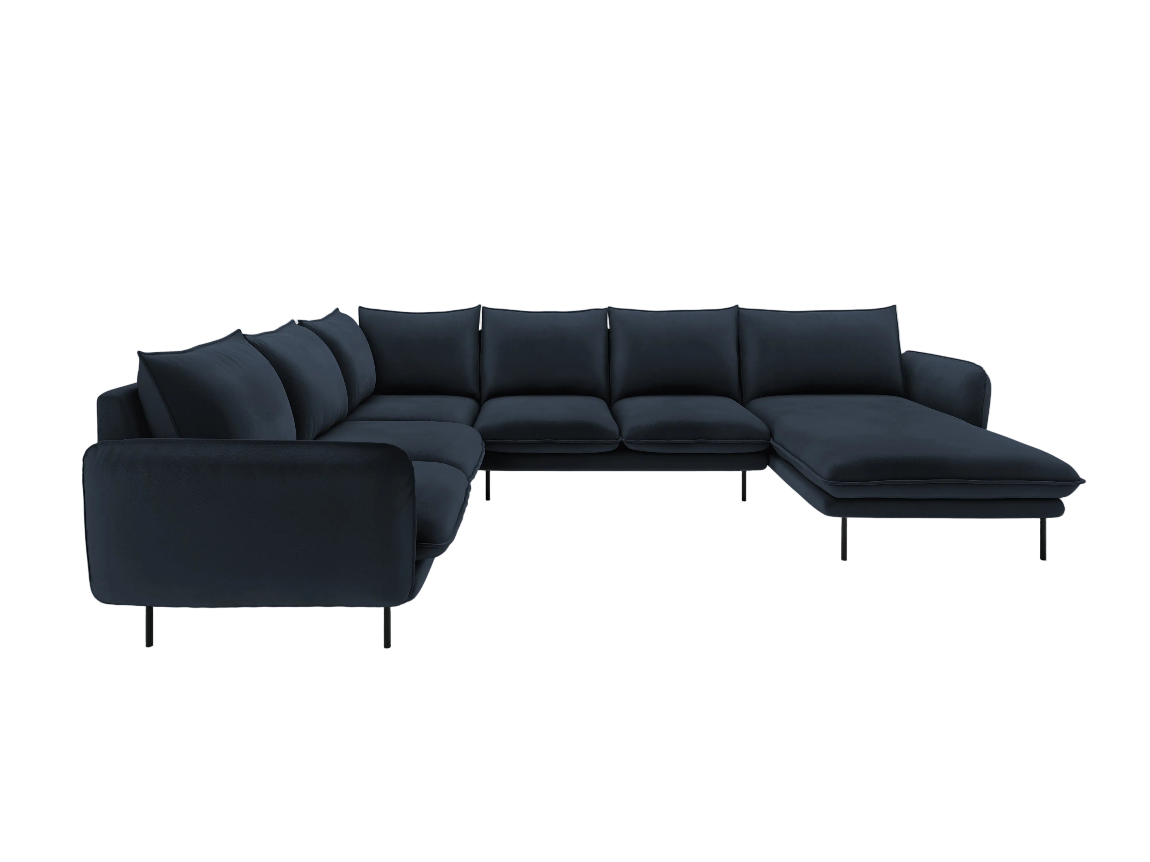 Panoramic Velvet Left-Facing Sofa for 7 People VIENNA in Dark Blue with Black Base
