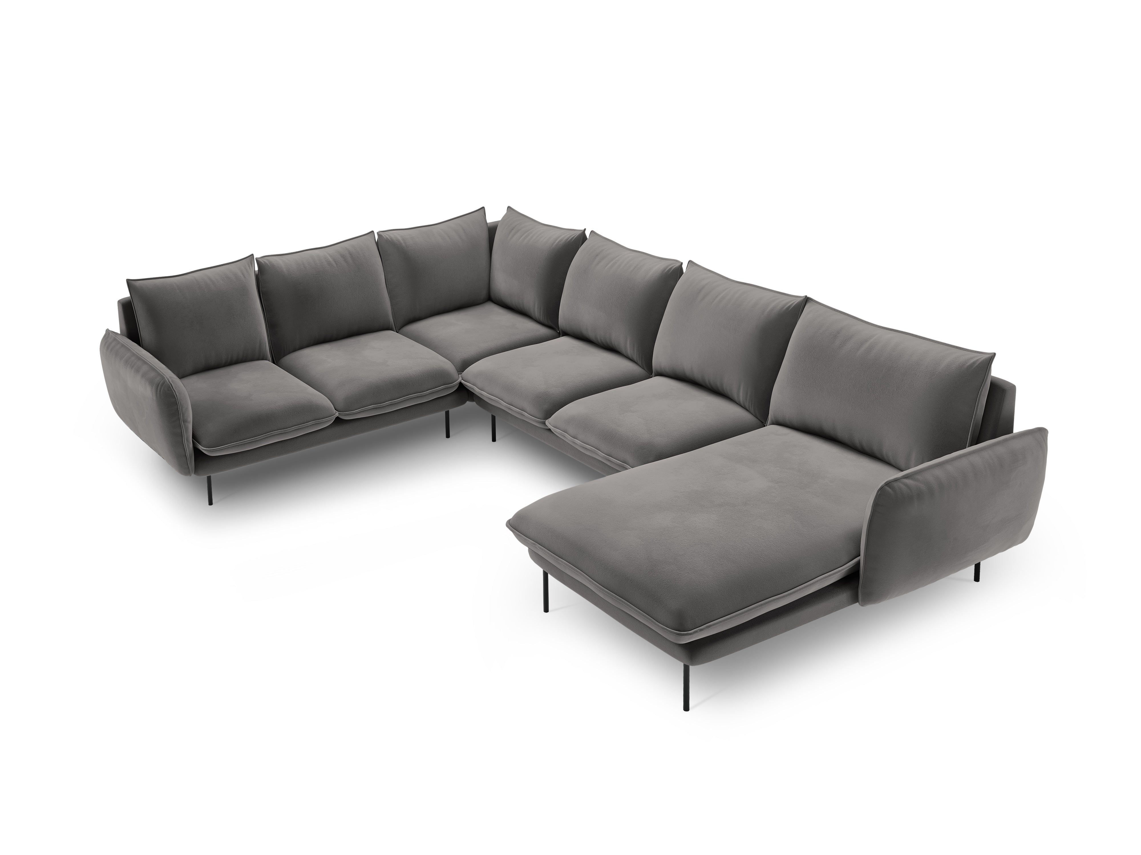 Left-facing velvet panoramic corner sofa for 7 people VIENNA in light gray with a black base