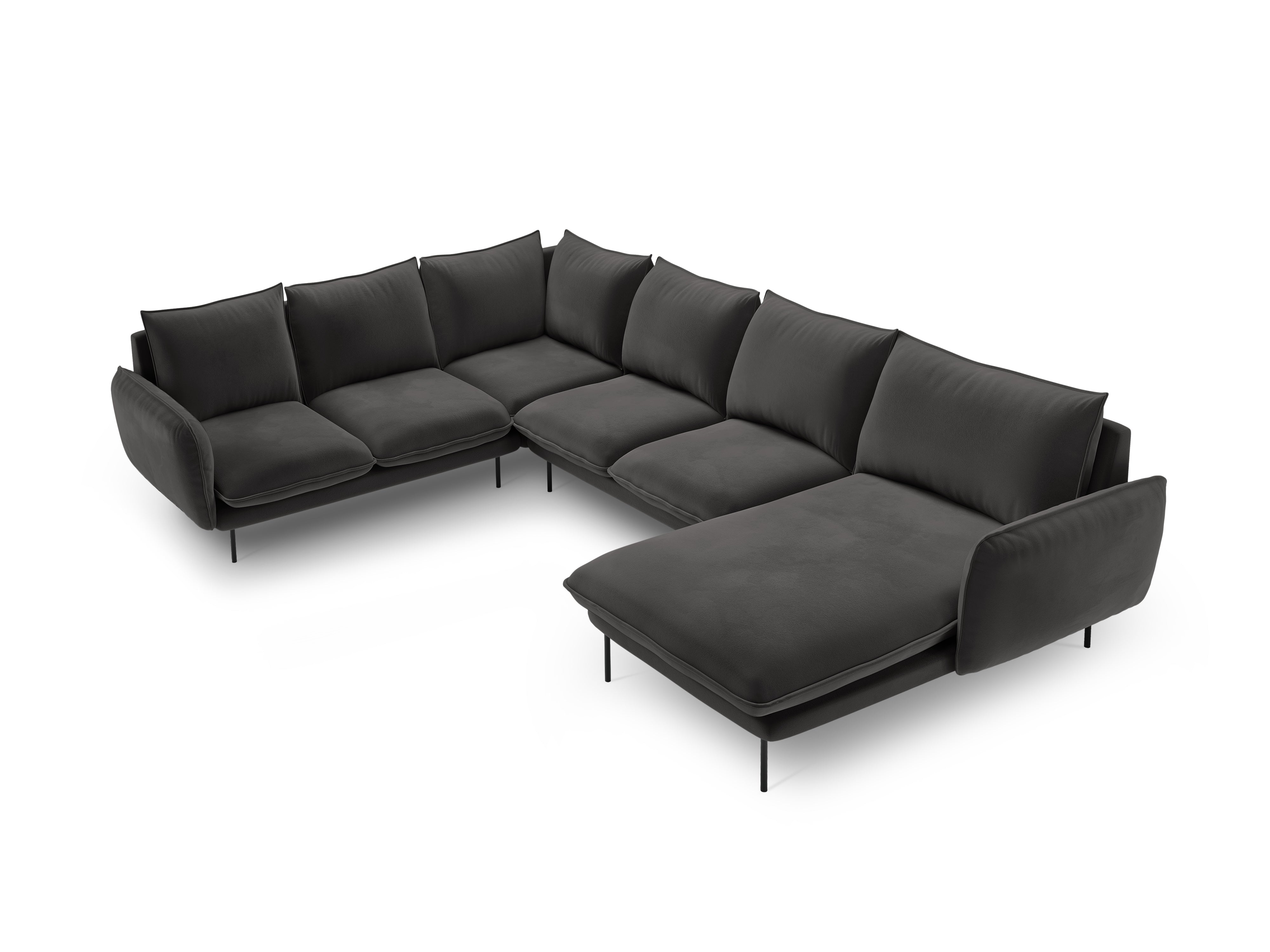 Panoramic Velvet Left-Facing Sofa for 7 People VIENNA Dark Gray with Black Base