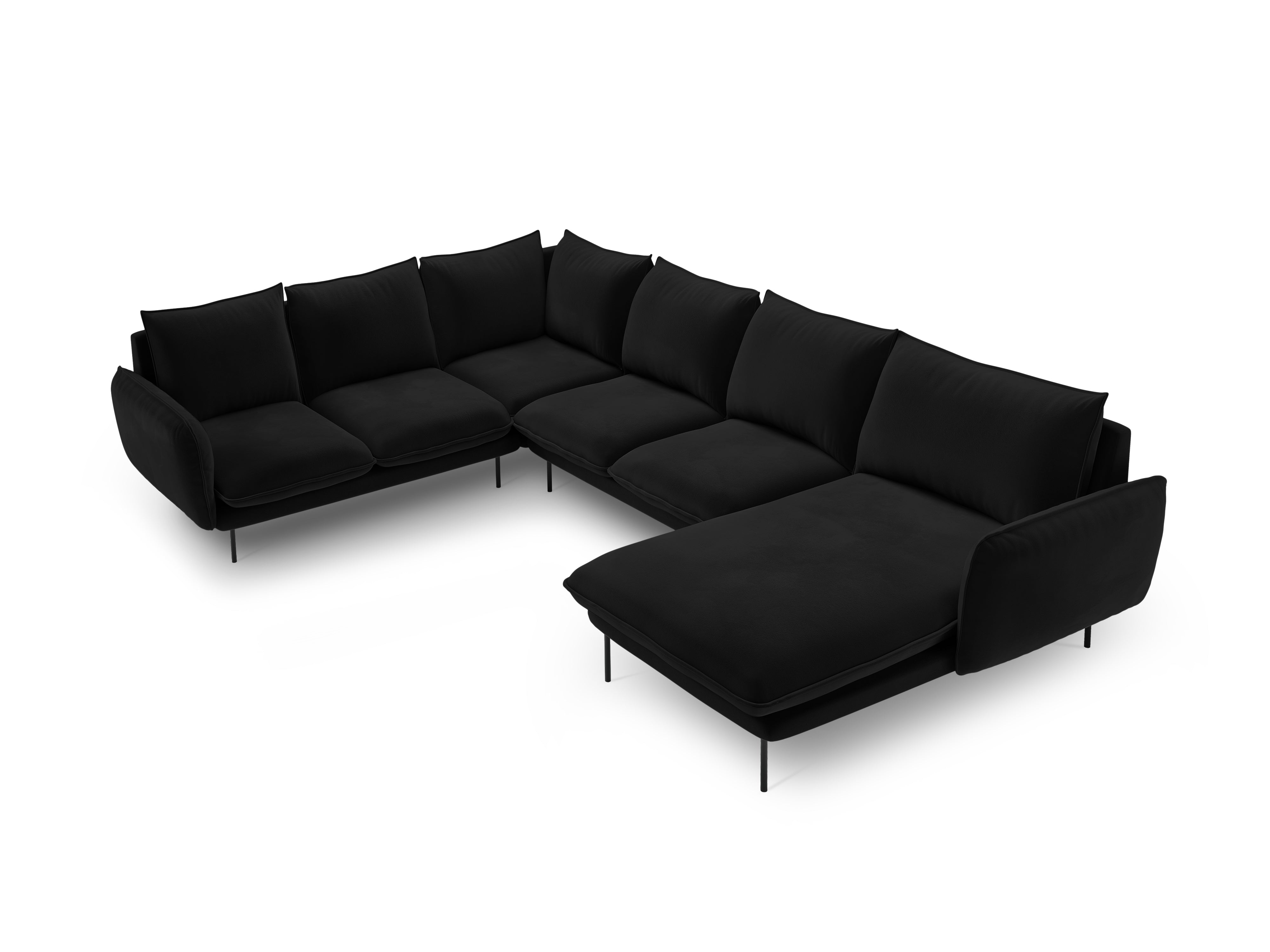 Panoramic Velvet Left-Side Corner Sofa for 7 People VIENNA in Black with Black Base