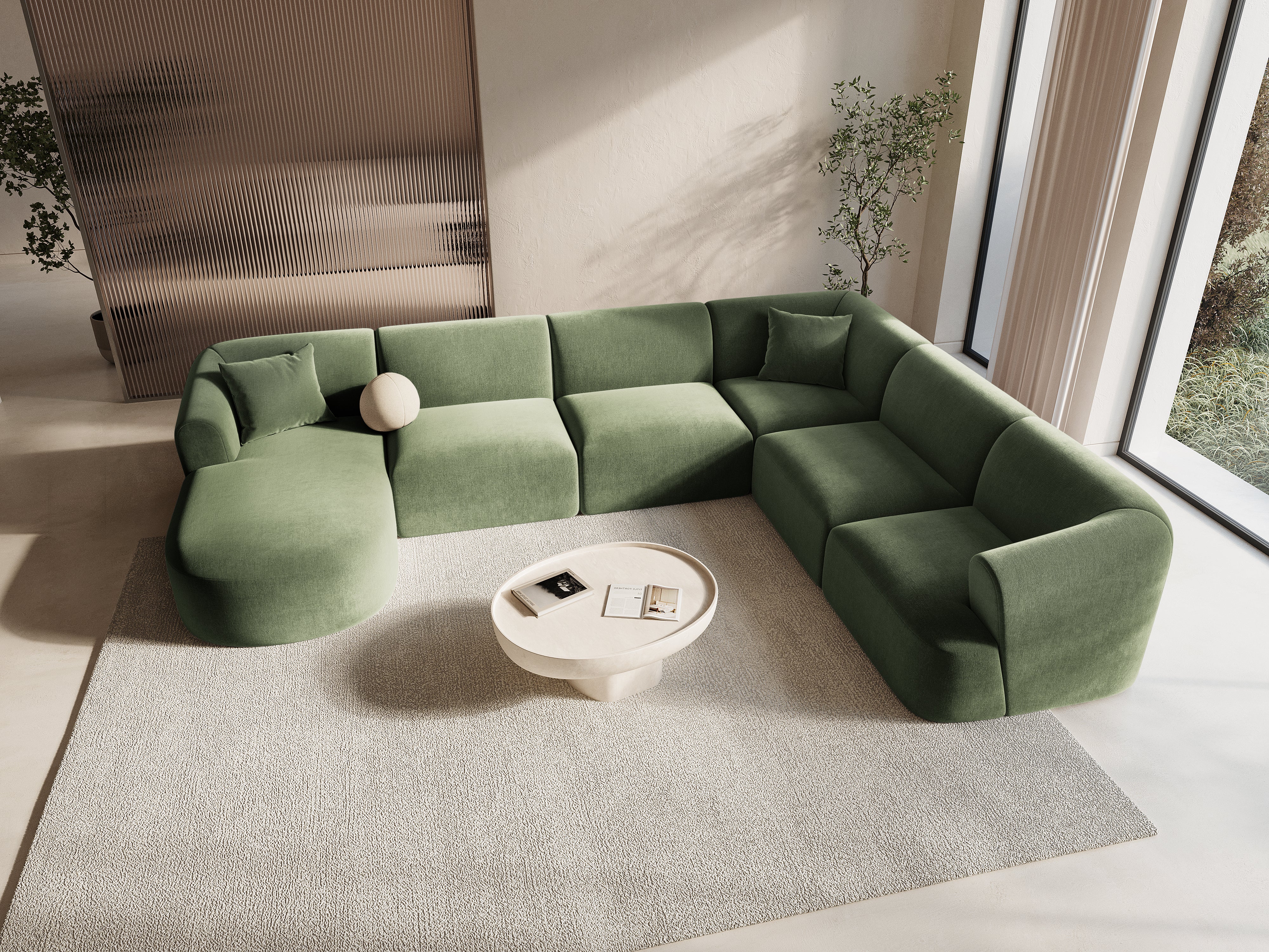 Rechtsseitiges, samtiges, panoramisches 7-sitziges Sofa CAMPI in Grün