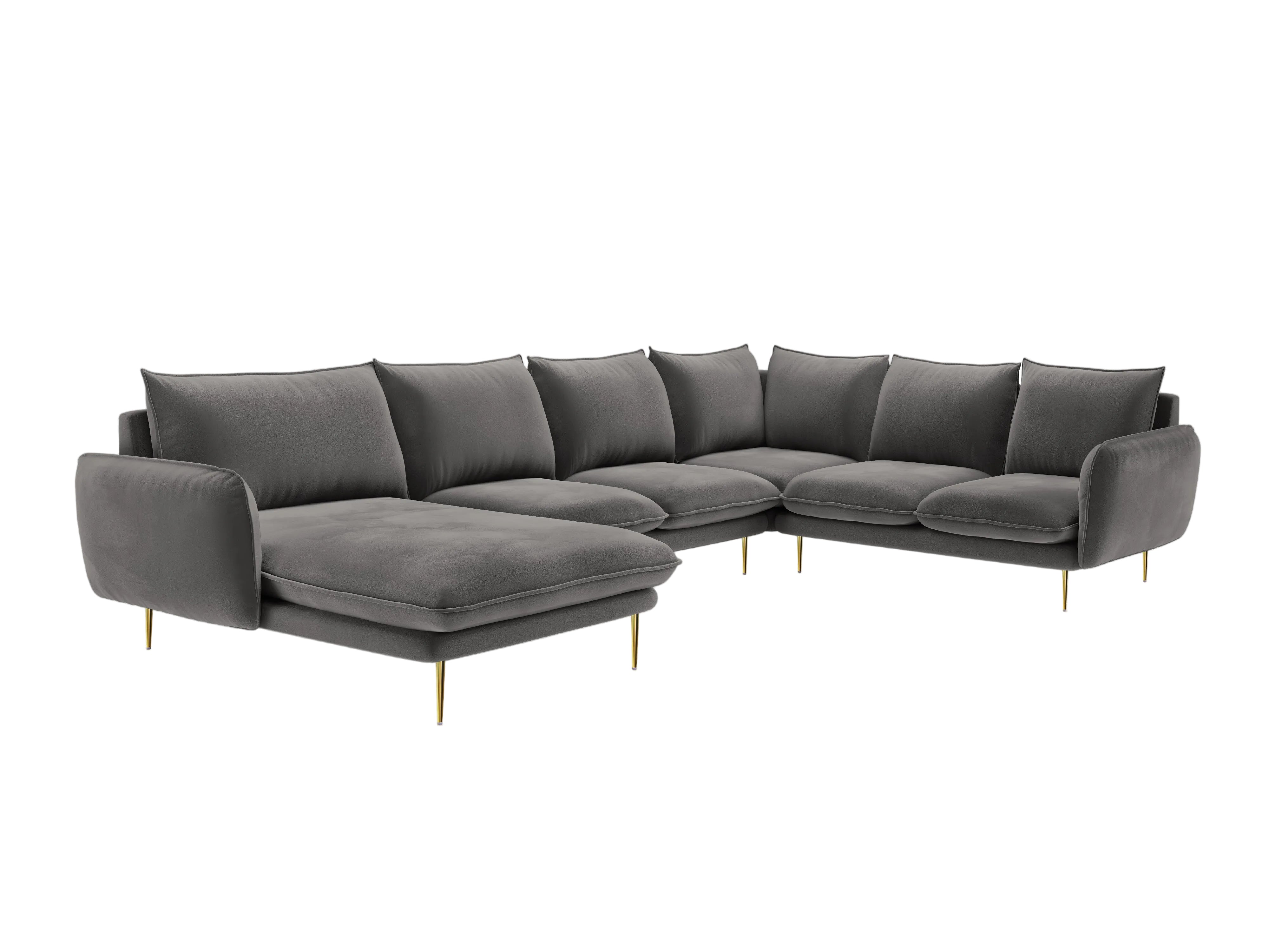 Panoramic Velvet Corner Sofa Right-Handed 7-Seater VIENNA Light Gray with Gold Base
