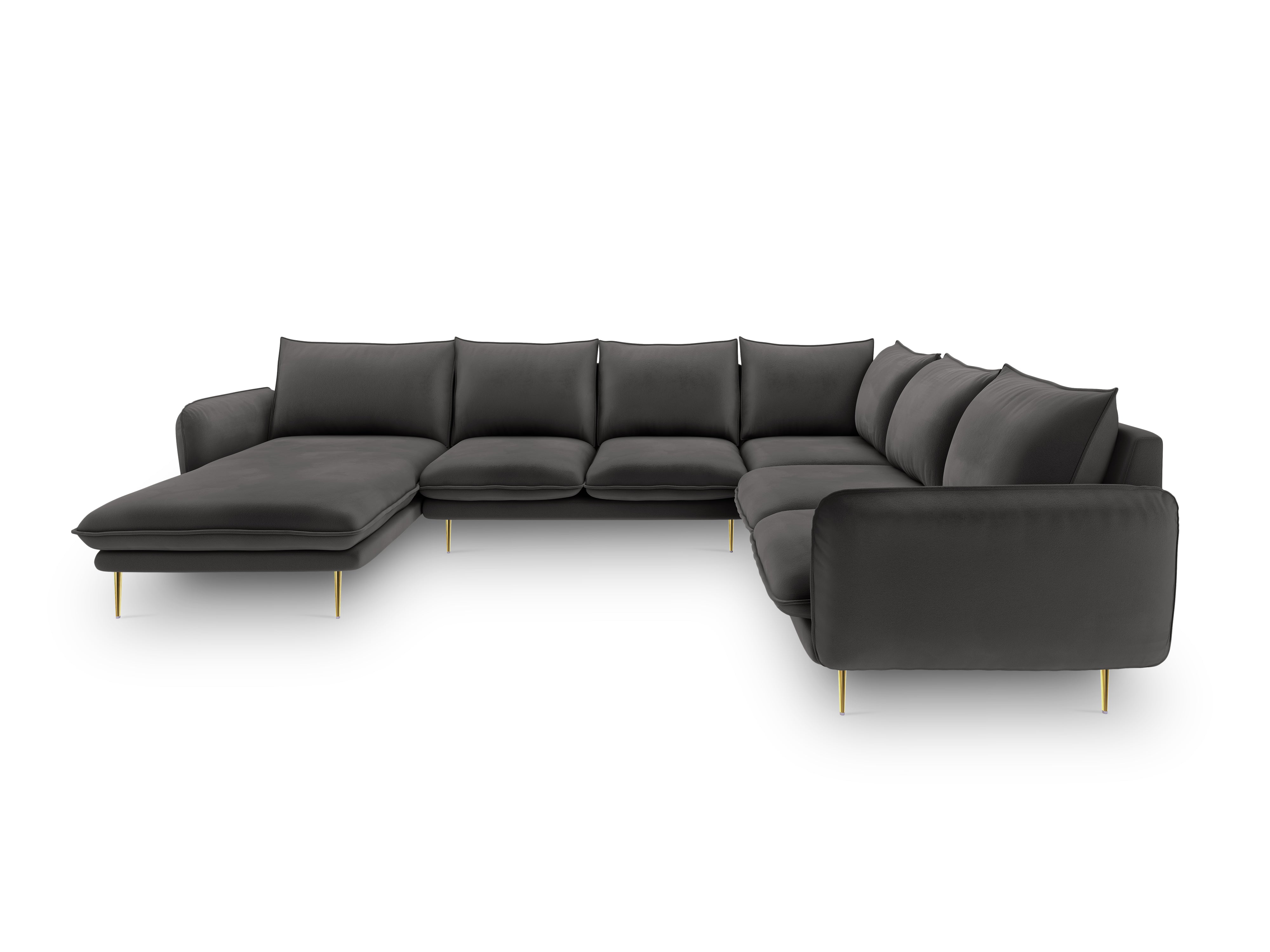 Panoramic Velvet Corner Sofa for 7 People, Right Side, VIENNA, Dark Gray with Gold Base