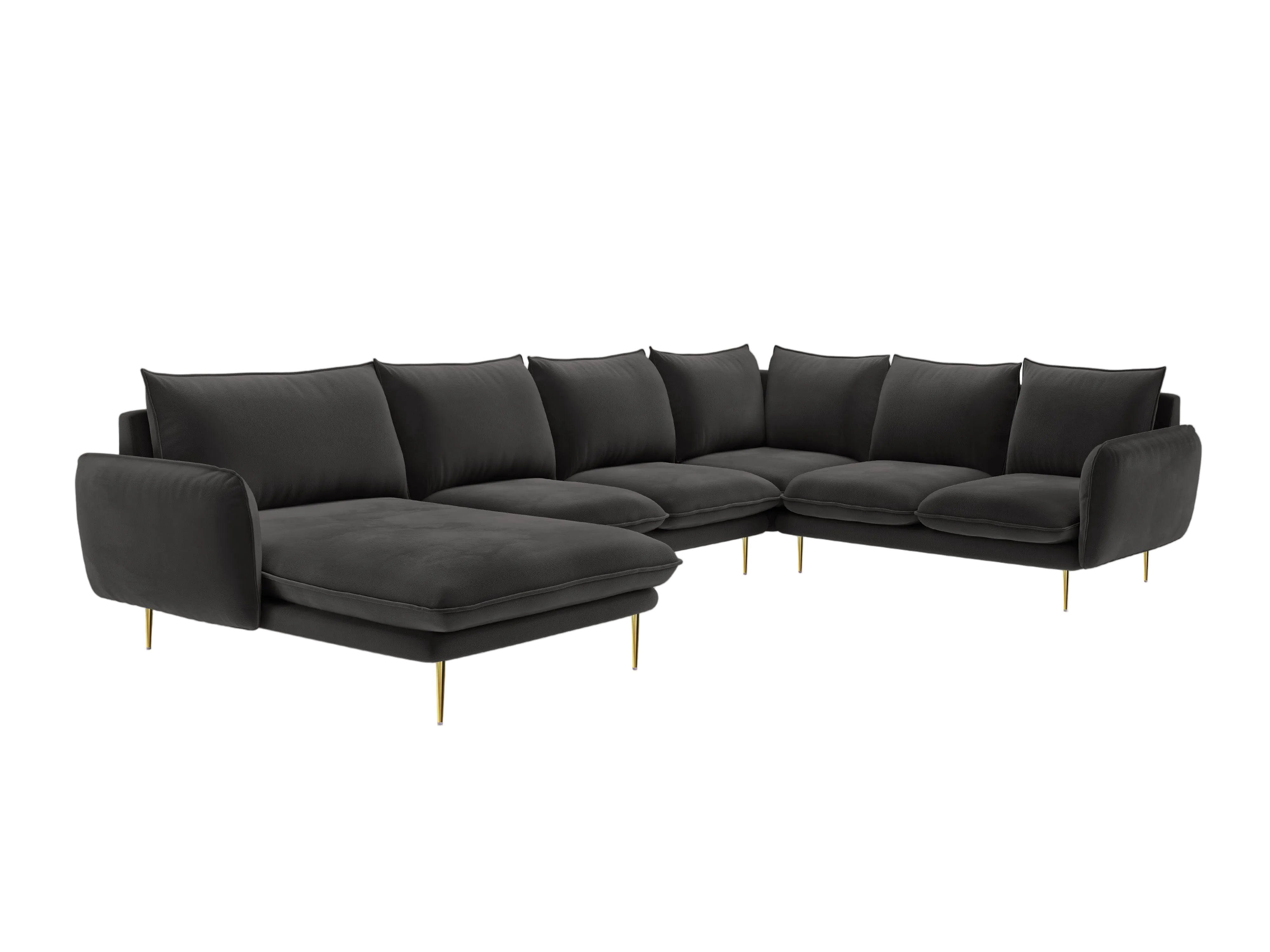 Panoramic Velvet Corner Sofa for 7 People, Right Side, VIENNA, Dark Gray with Gold Base