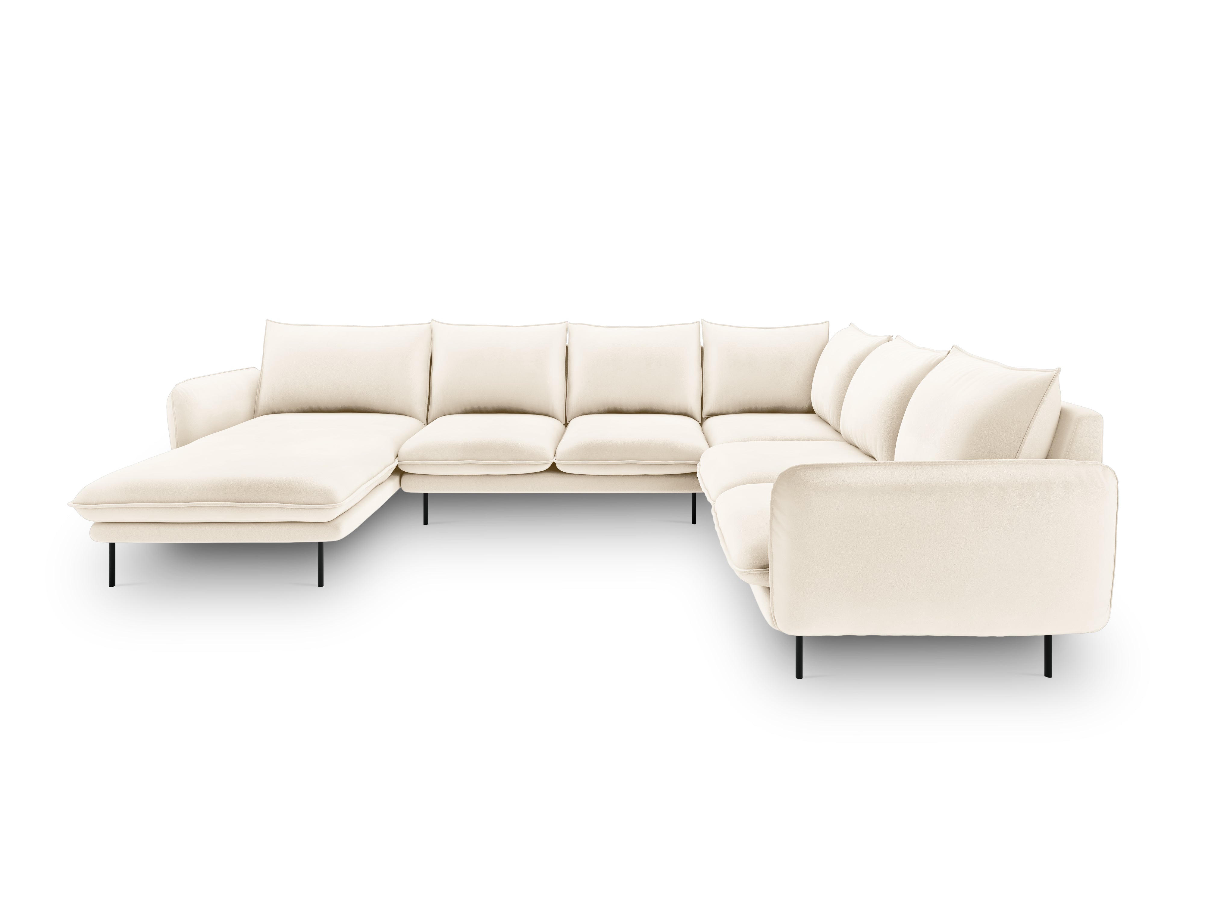 Vienna Light Beige Right-Hand Velvet Panoramic Sofa for 7 People with Black Base