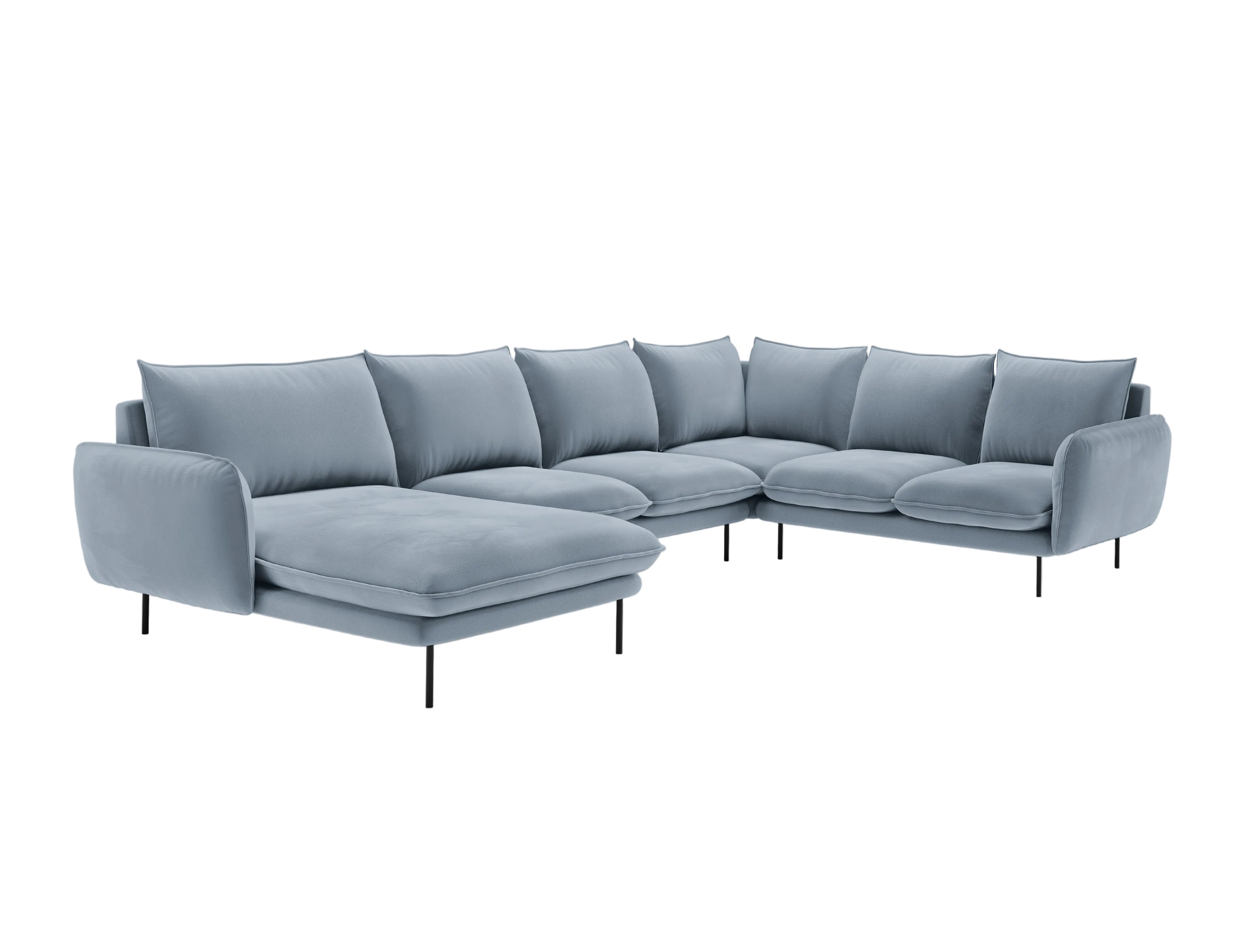 Panoramic Velvet Corner Sofa Right-Handed 7-Seater VIENNA Light Blue with Black Base