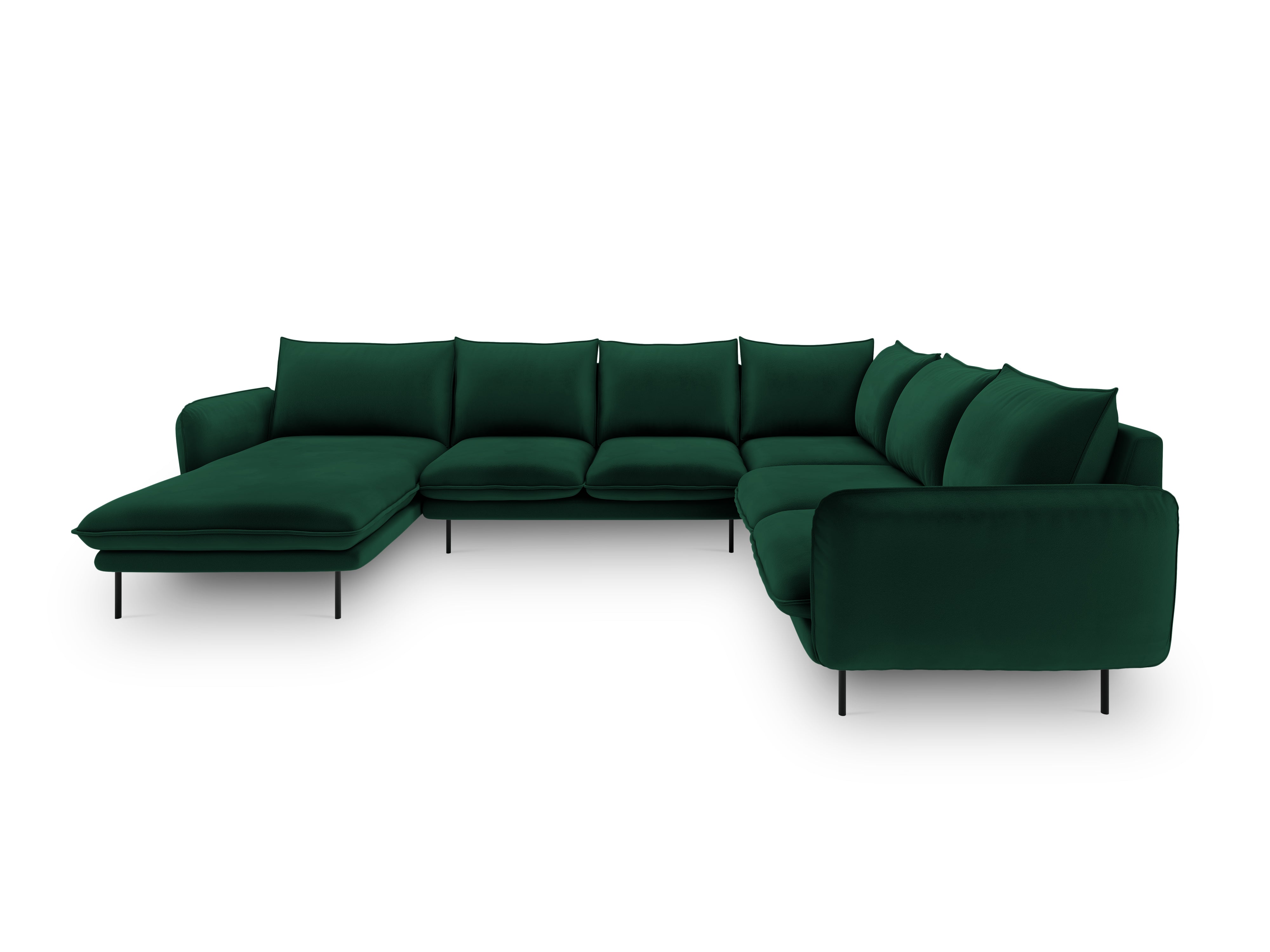 Velvet panoramic corner sofa, right-facing, 7-seater, VIENNA, bottle green with black base