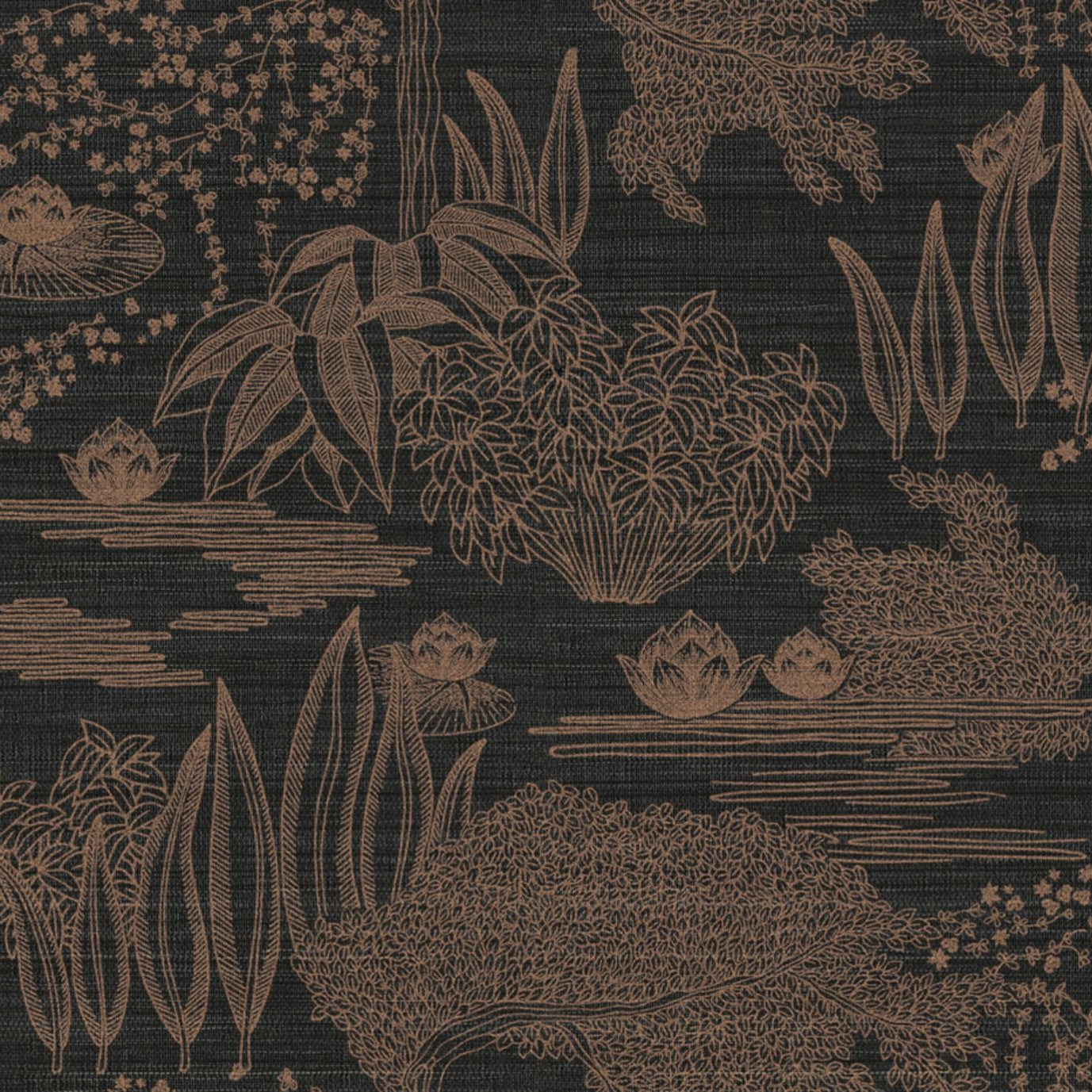 Plant fiber wallpaper with a plant motif HASU - NOIR CUIVRÉ black with copper