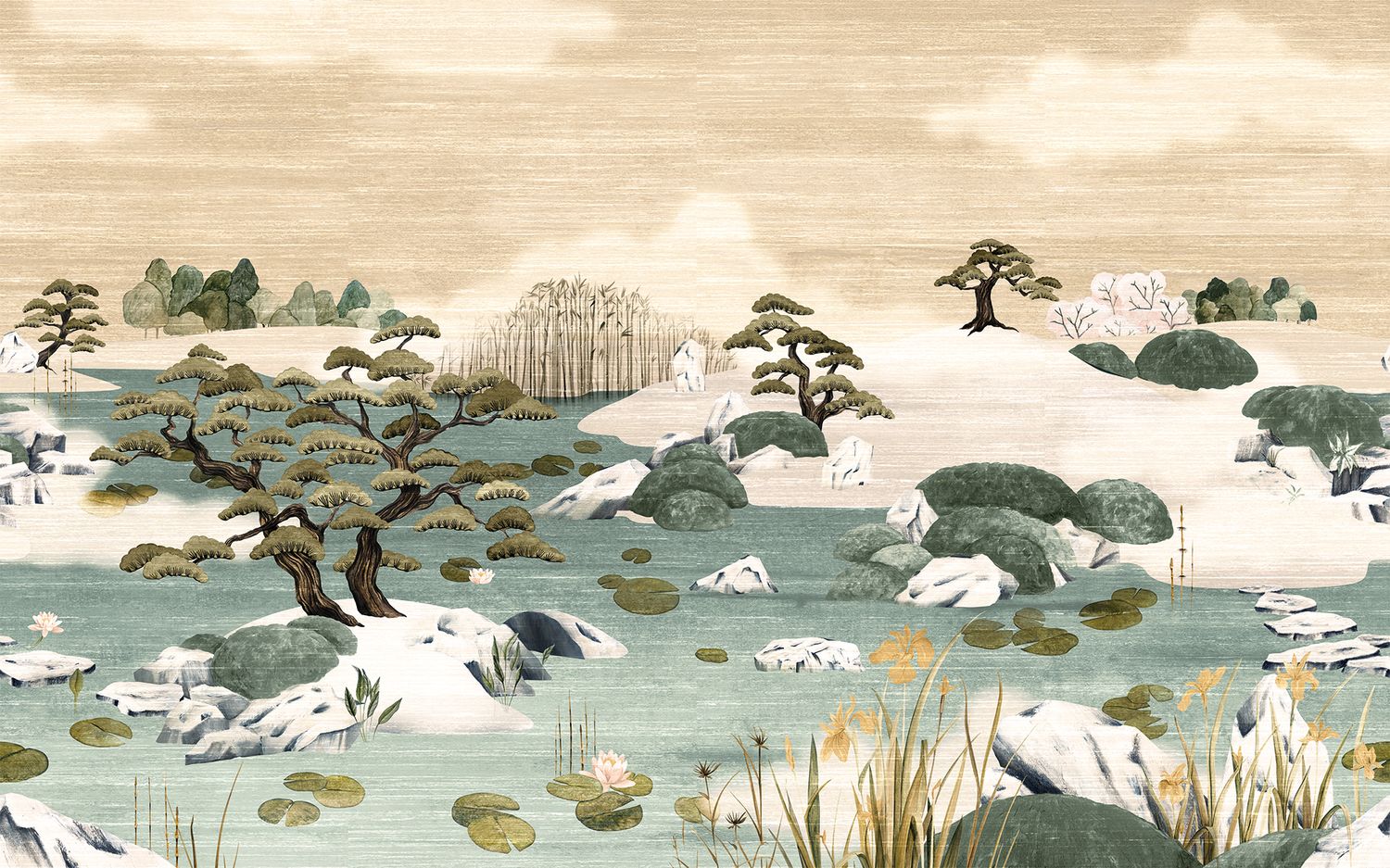 Textile mural with Japanese landscape ADACHI - SABLE OPALINE muted beige with green