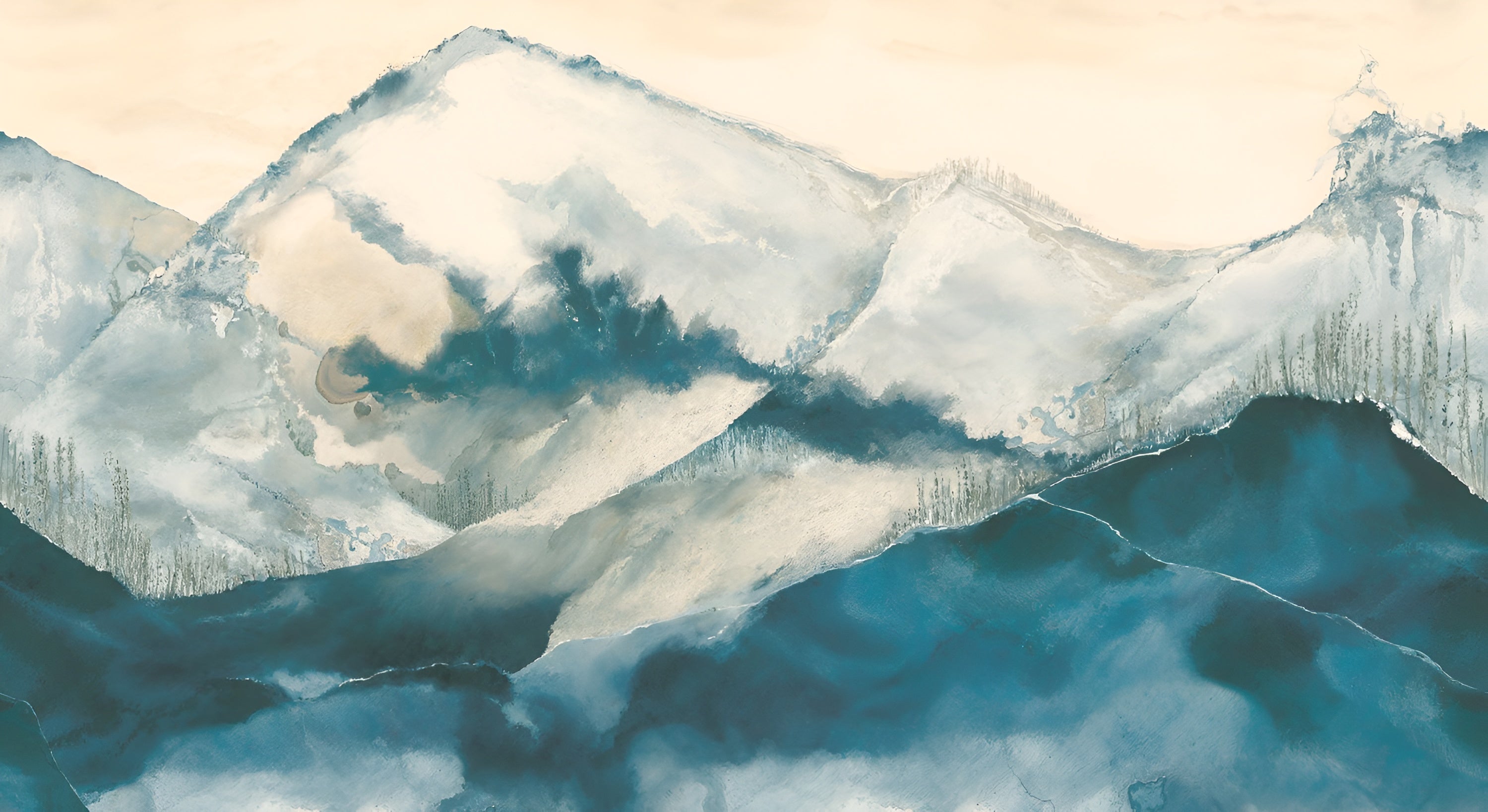 Mural with a mountain motif HORIZON - BLEU BEIGE DORÉ blue with beige