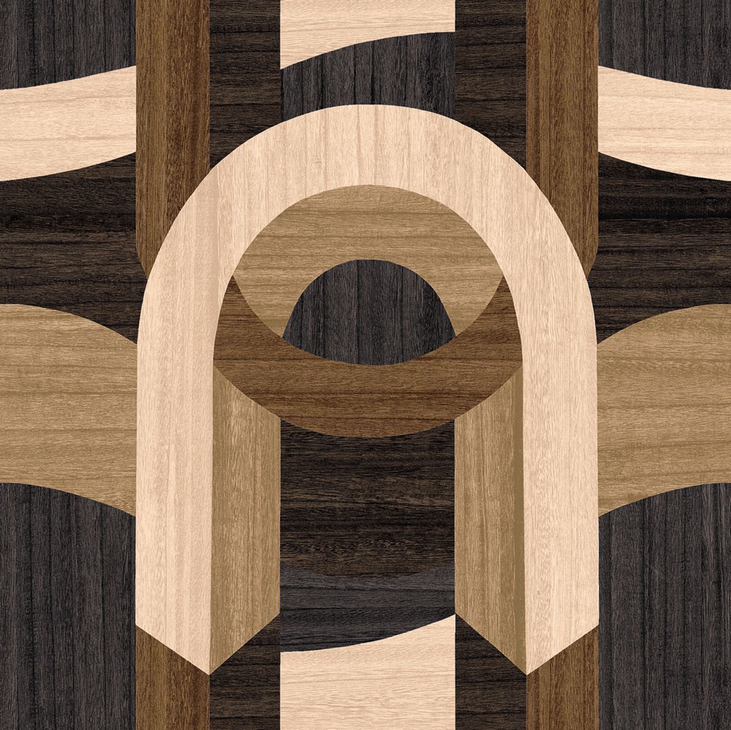 Faux veneer wallpaper with an art deco geometric pattern TRAVERSÉE - CARBONE OAK carbonized oak