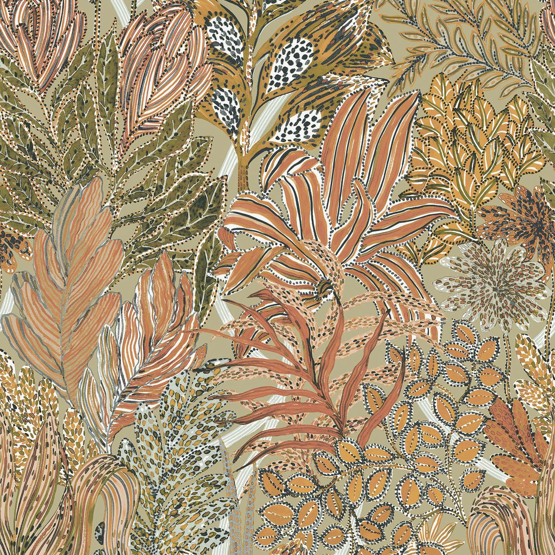 Non-woven wallpaper with a plant motif BORROMMEE - LICHEN/TERRE DE SIENNE olive green with bronze