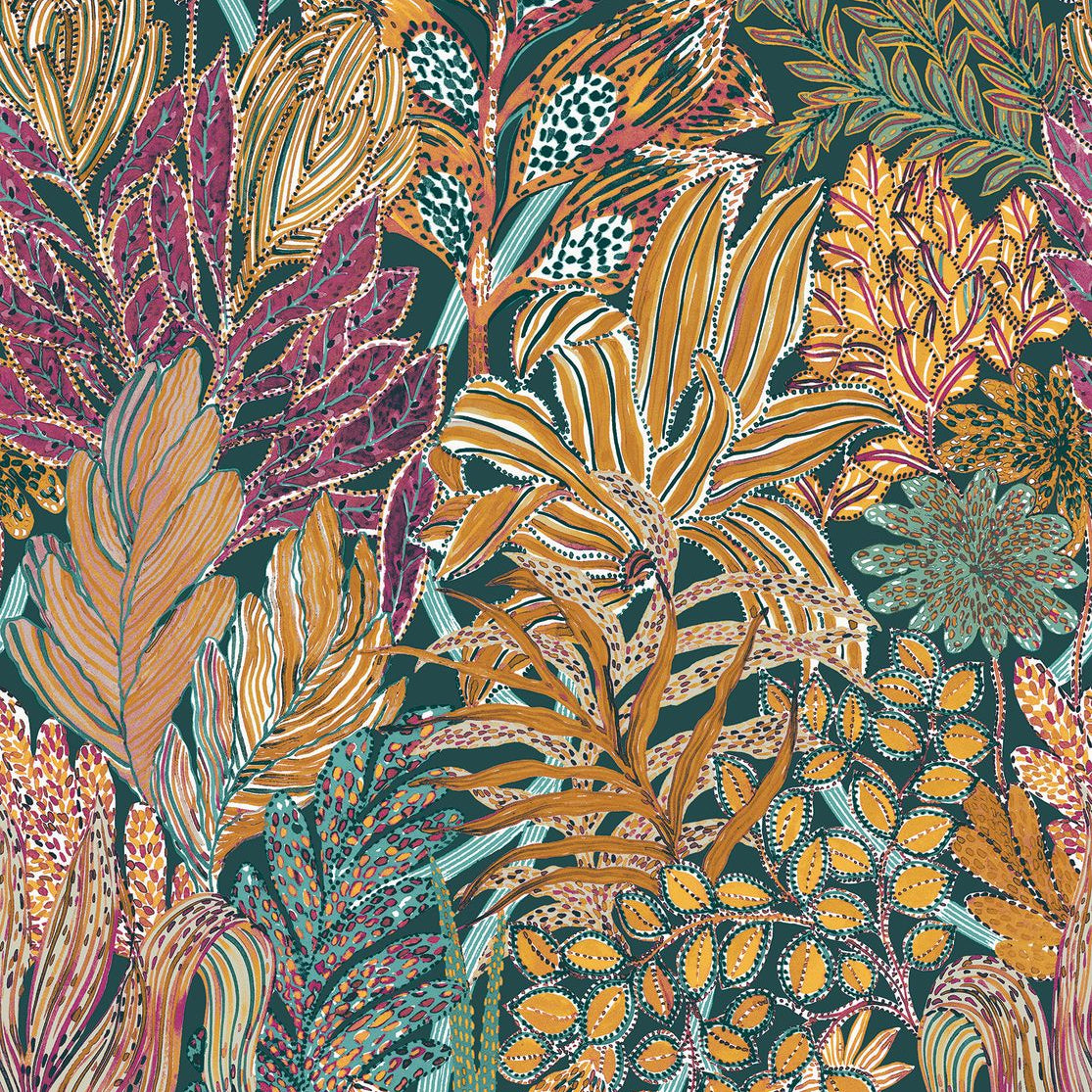 Non-woven wallpaper with a plant motif BORROMMEE - PETROLE/MULTICO turquoise with green