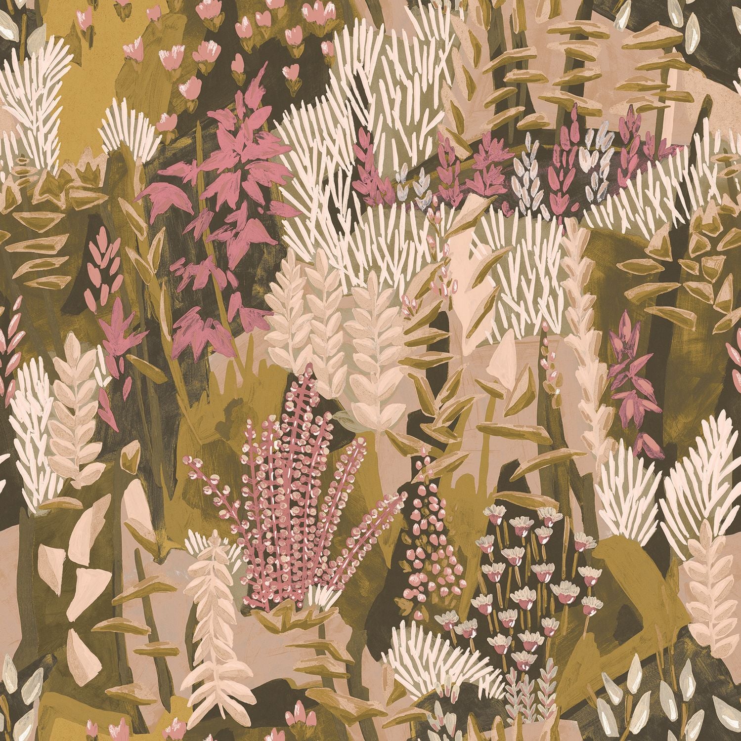 Non-woven wallpaper with a plant motif ERICA - VERT MOUSSE/BLUSH peach