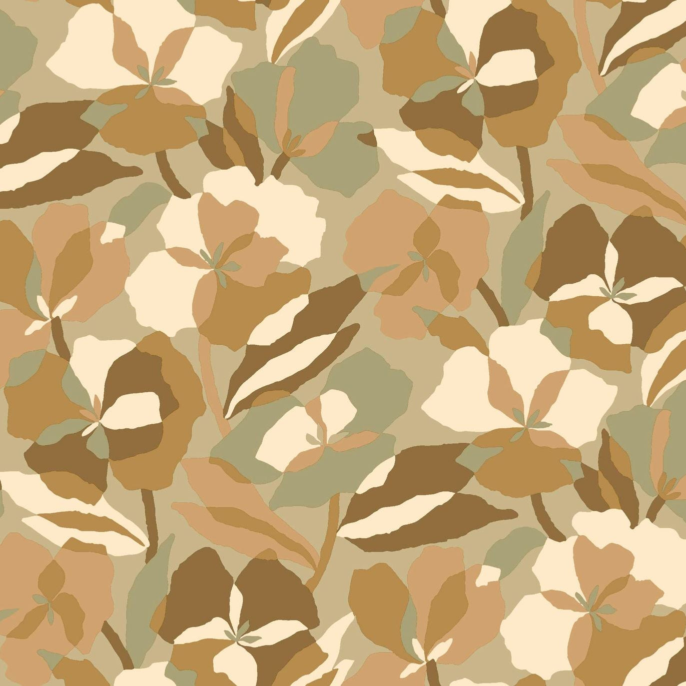 Non-woven wallpaper with a plant motif AMARYLLIS - NUDE/LICHEN pastel green with beige