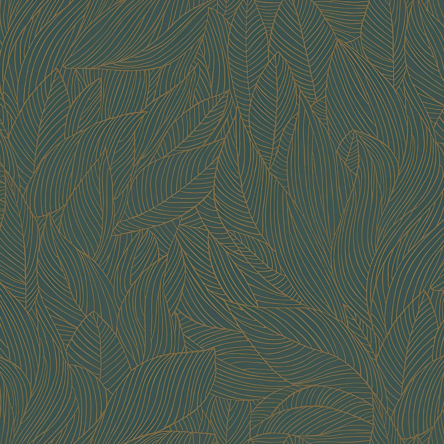Non-woven wallpaper with a plant motif HOSTA - JASPE/DORÉ green with gold