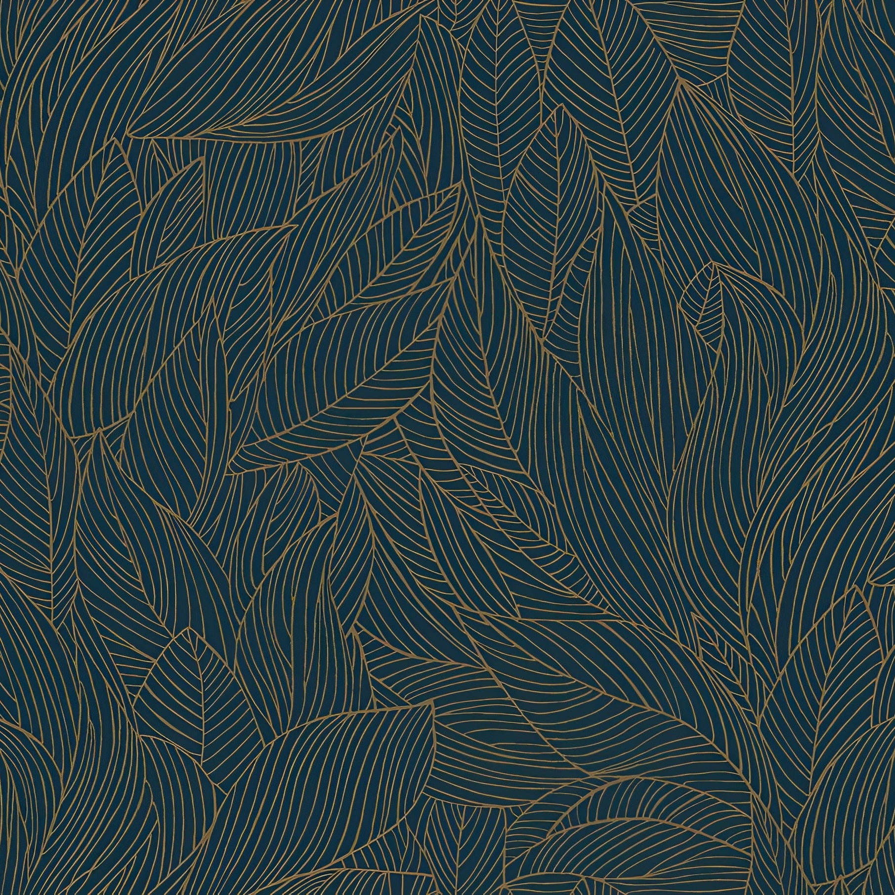 Non-woven wallpaper with a plant motif HOSTA - MARINE/DORÉ dark green with gold