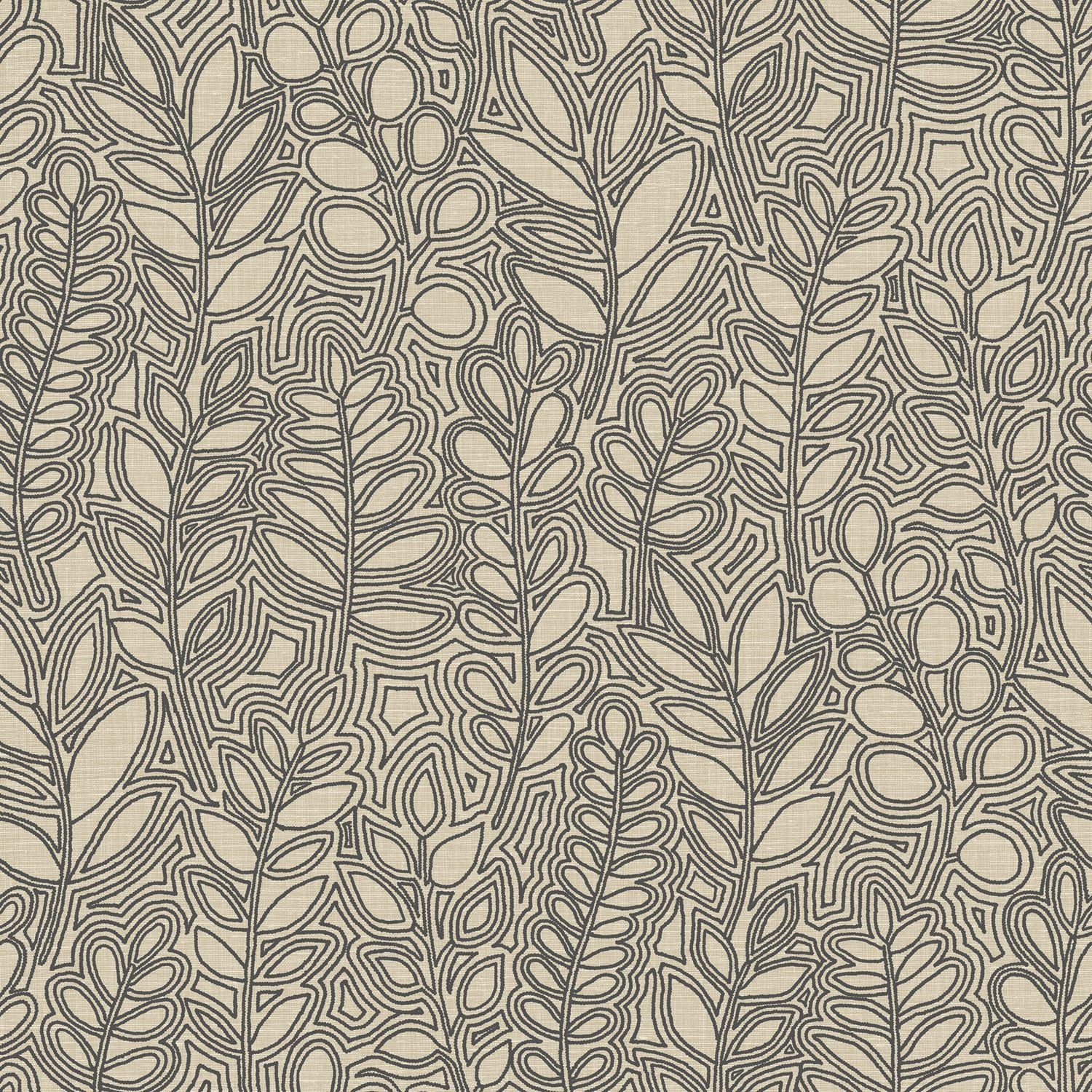 Plant-themed wallpaper with leaf design resembling embroidery ASTRAGALE - LATTE coffee brown