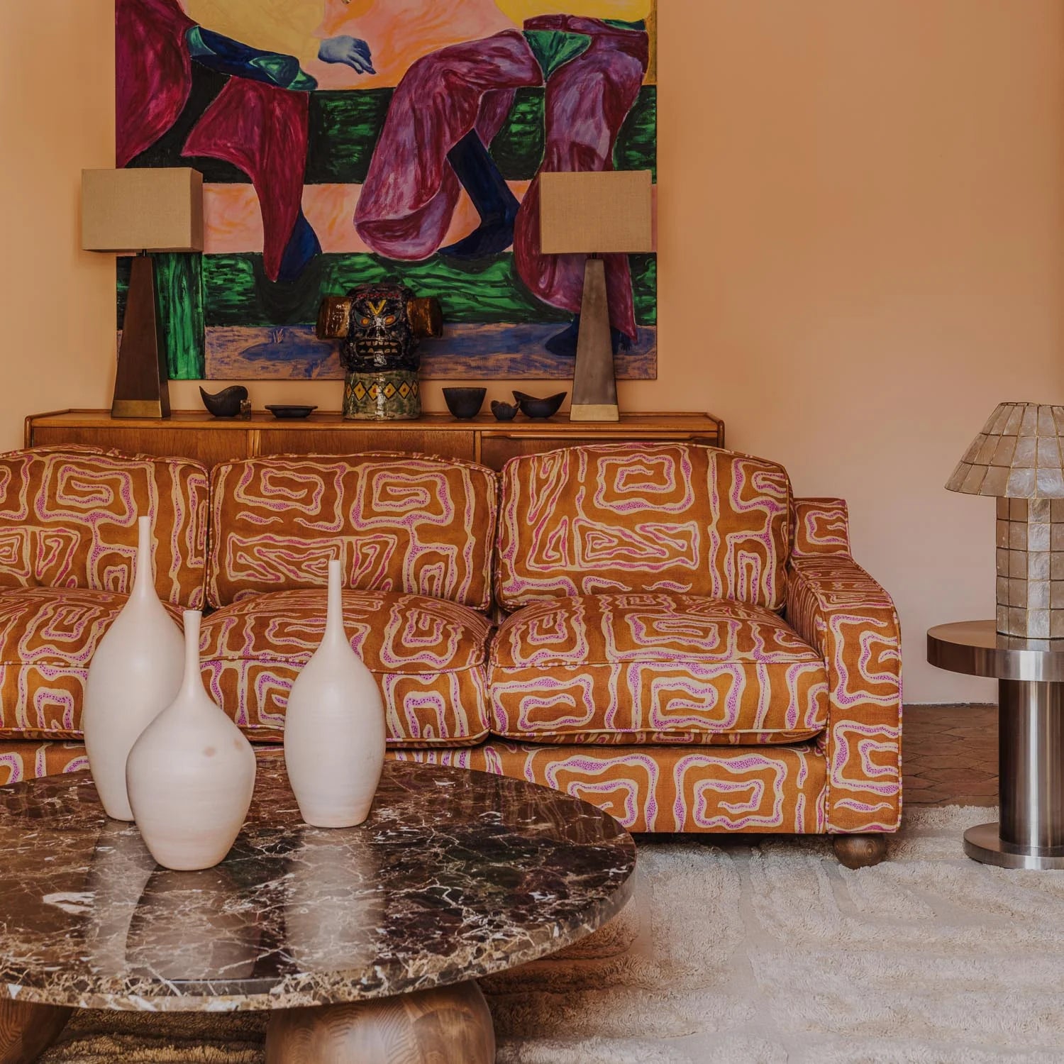 3-Seater Sofa LOLA Orange with Beige-Pink Pattern